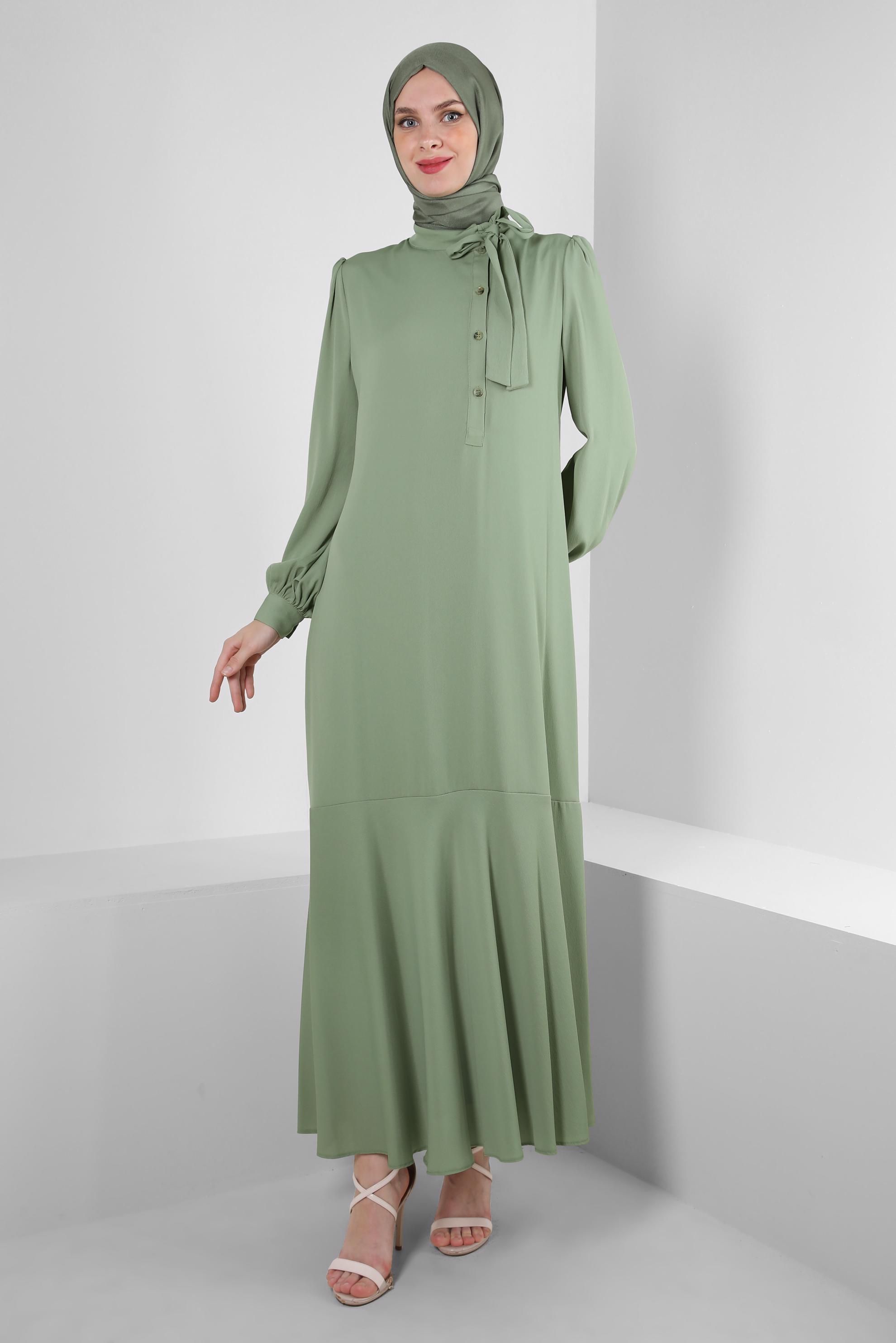 Tesettür giyim YEŞİL YAKASI BAĞLAMALI DÜĞME DETAYLI AEROBİN ELBİSE 42725