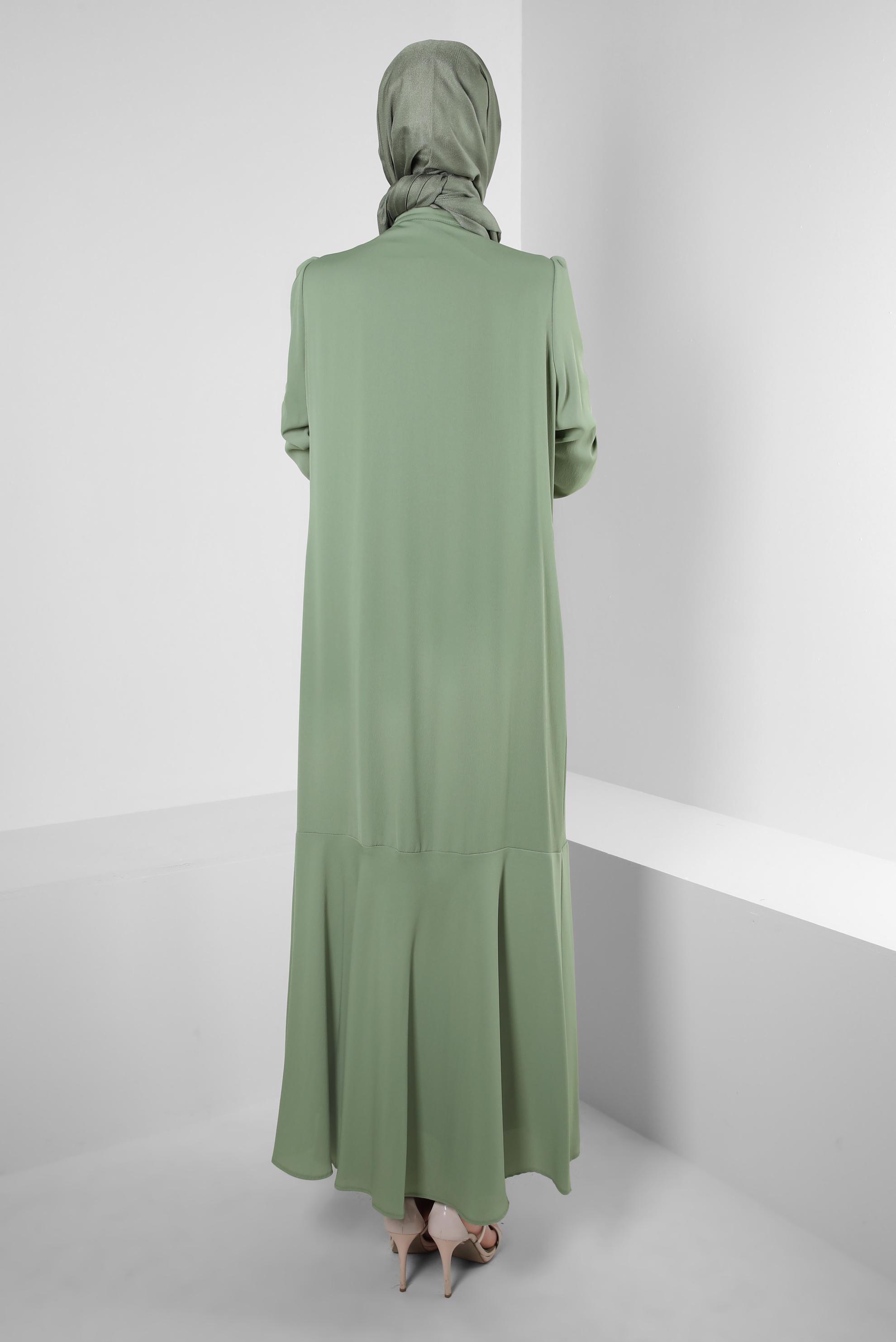 Tesettür giyim YEŞİL YAKASI BAĞLAMALI DÜĞME DETAYLI AEROBİN ELBİSE 42725