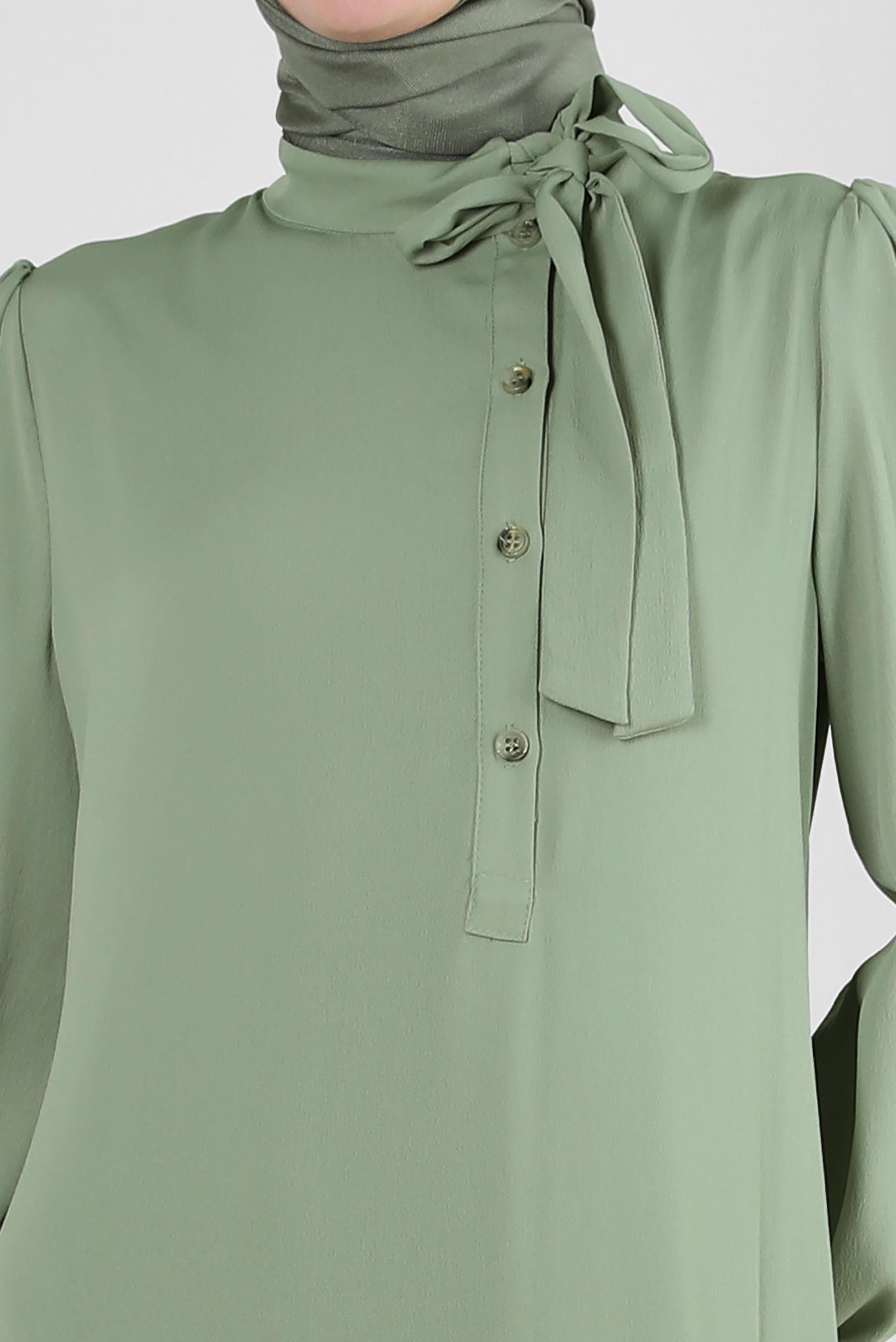 Tesettür giyim YEŞİL YAKASI BAĞLAMALI DÜĞME DETAYLI AEROBİN ELBİSE 42725