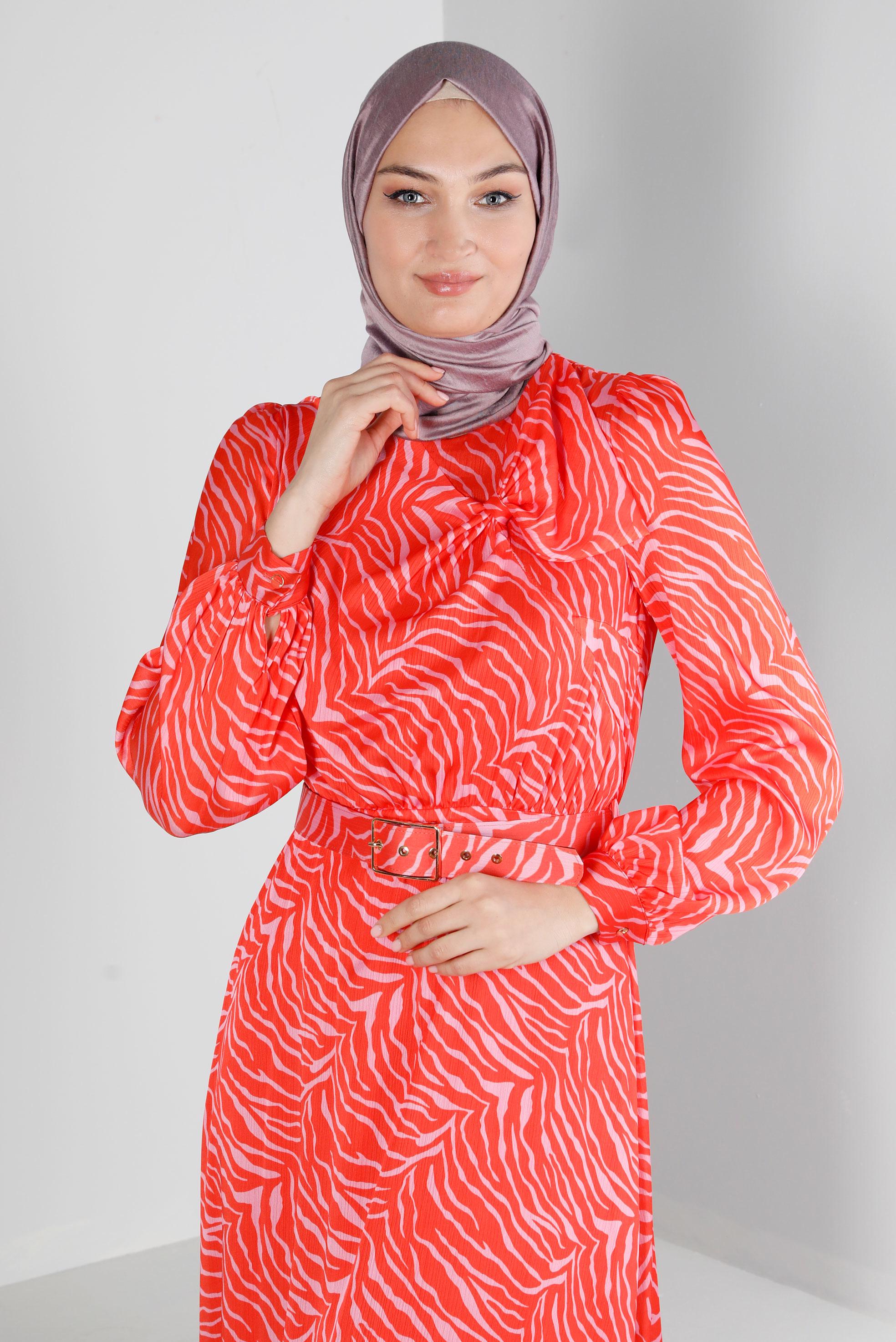 Tesettür giyim TURUNCU FİYONK DETAYLI DESENLİ ELBİSE 42726 