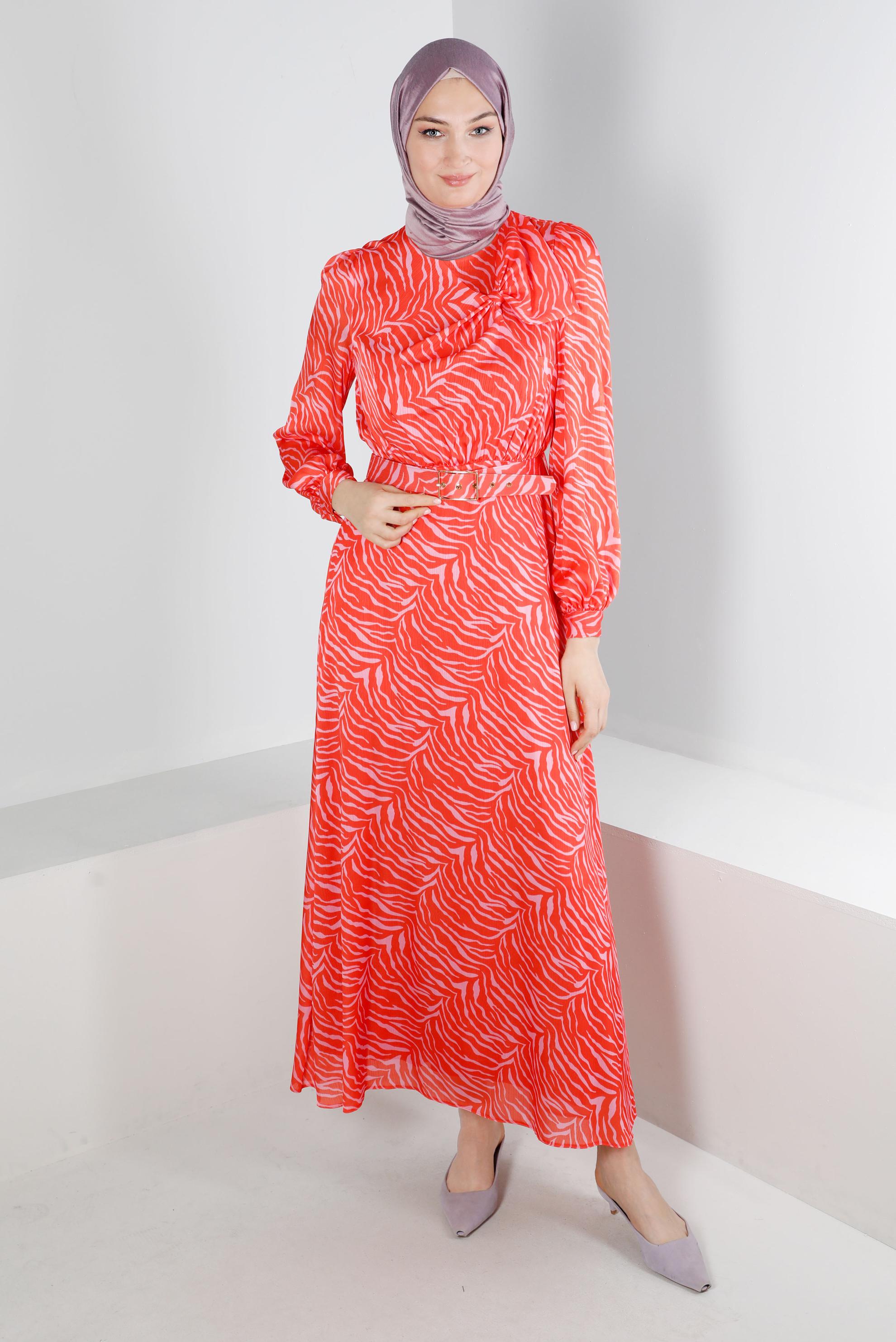 Tesettür giyim TURUNCU FİYONK DETAYLI DESENLİ ELBİSE 42726 