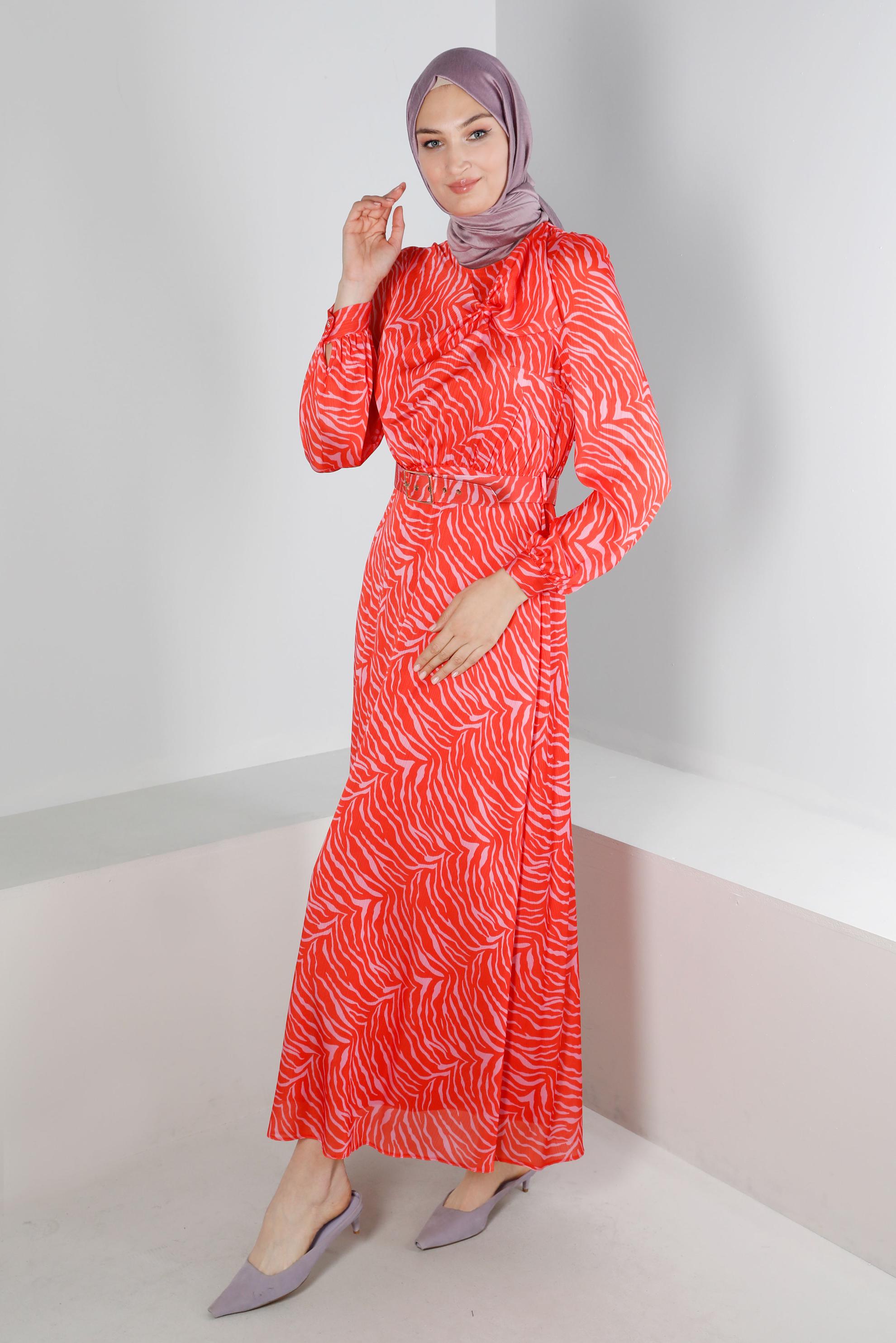 Tesettür giyim TURUNCU FİYONK DETAYLI DESENLİ ELBİSE 42726 