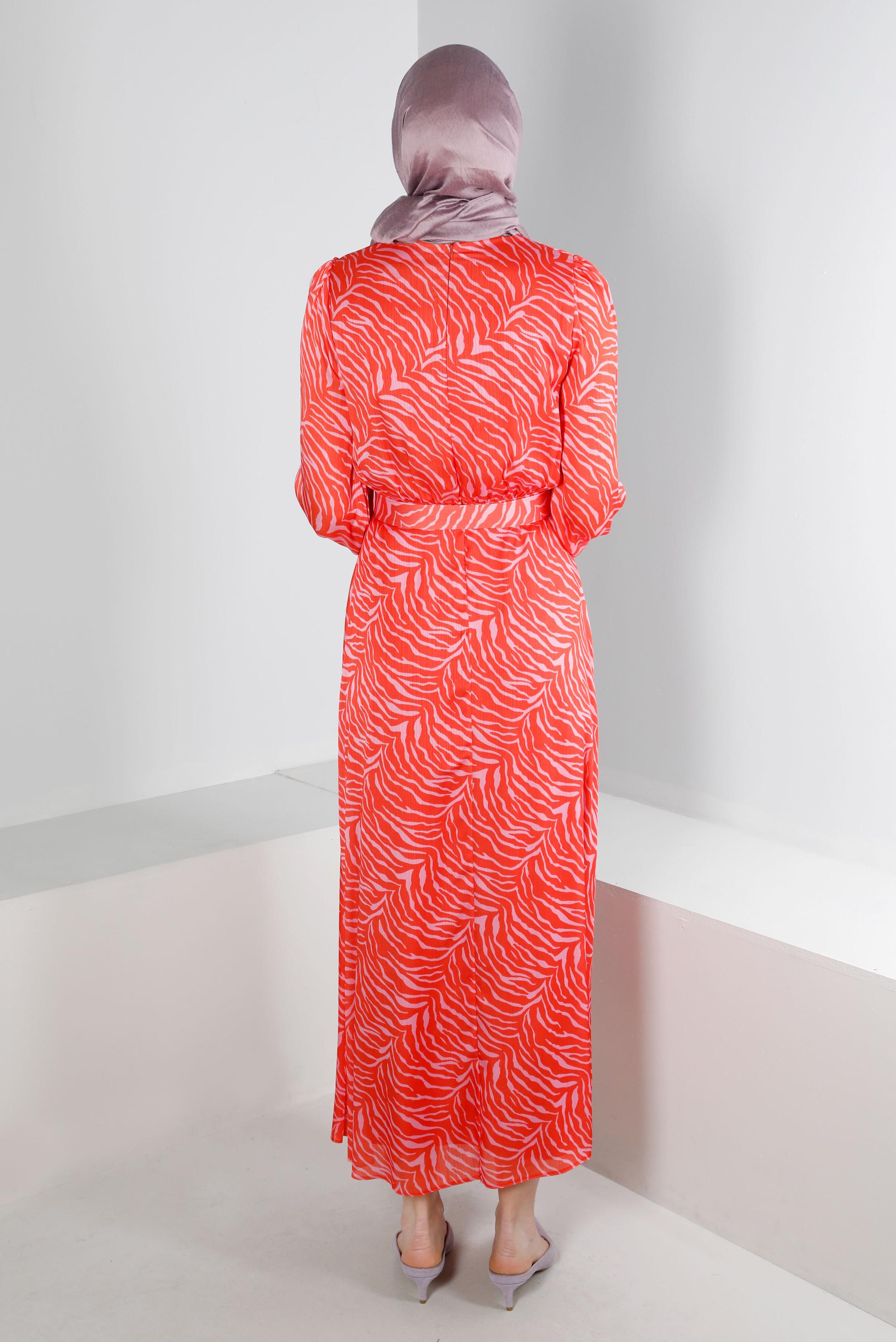 Tesettür giyim TURUNCU FİYONK DETAYLI DESENLİ ELBİSE 42726 