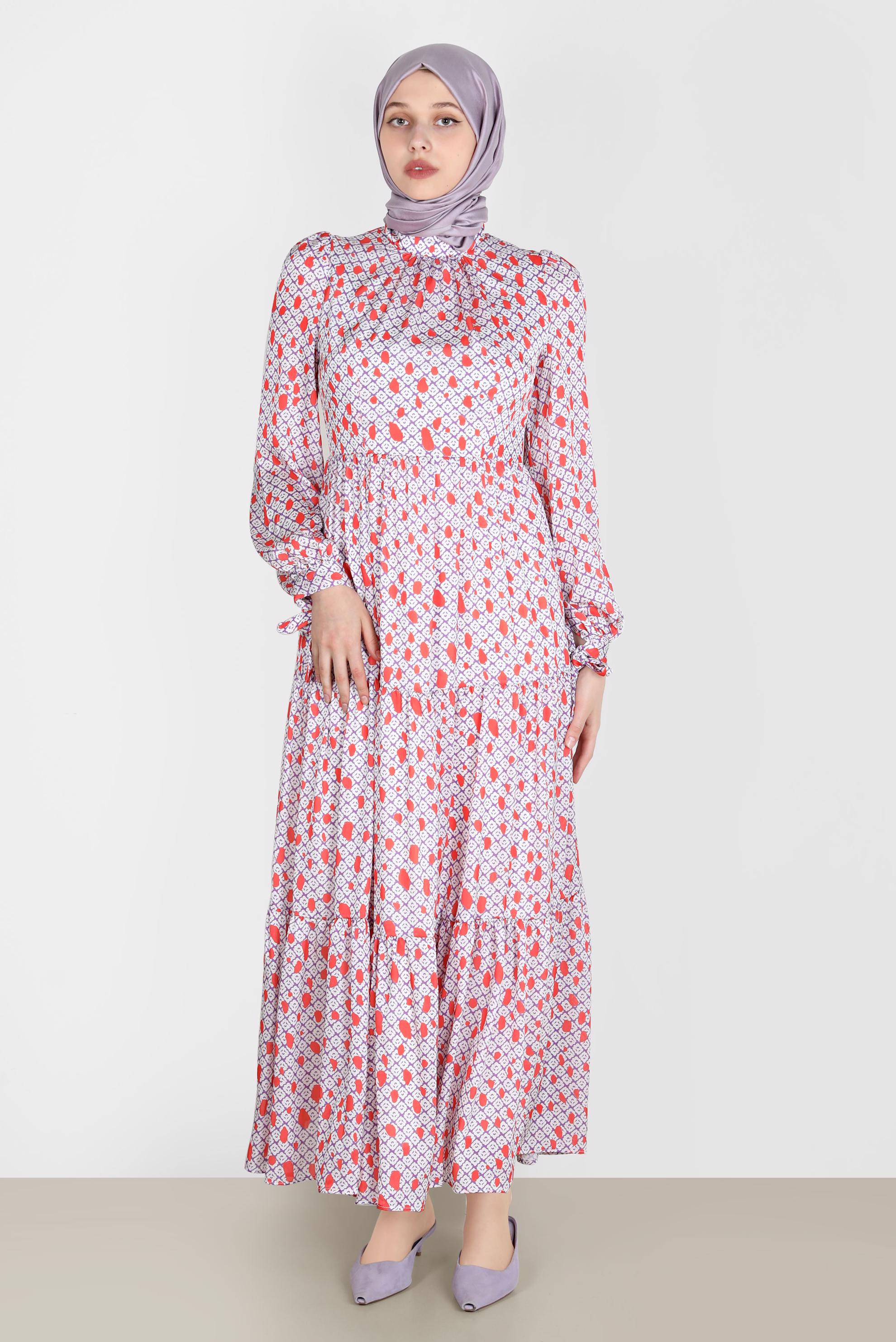 Hijab clothing PURPLE PATTERNED DRESS WITH TIED CUFFS 42730 