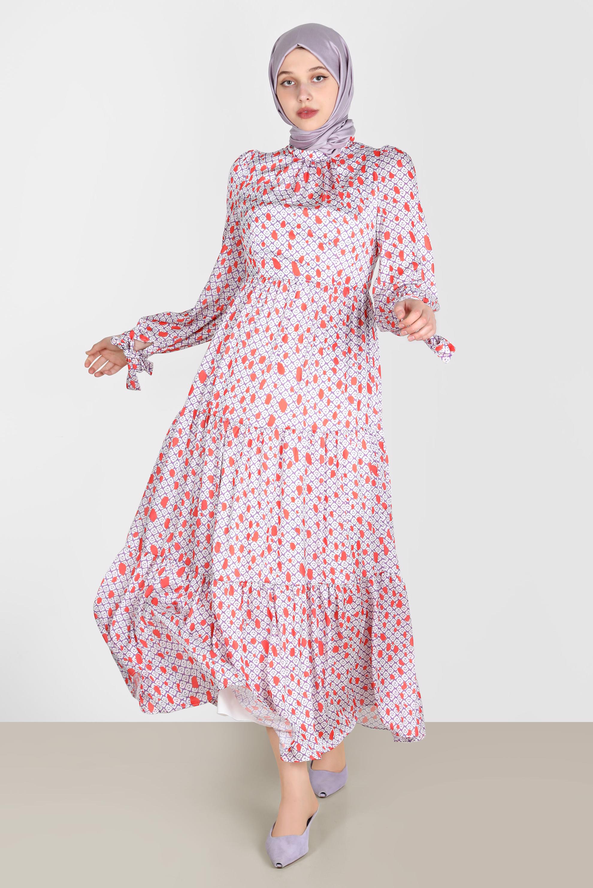 Hijab clothing PURPLE PATTERNED DRESS WITH TIED CUFFS 42730 