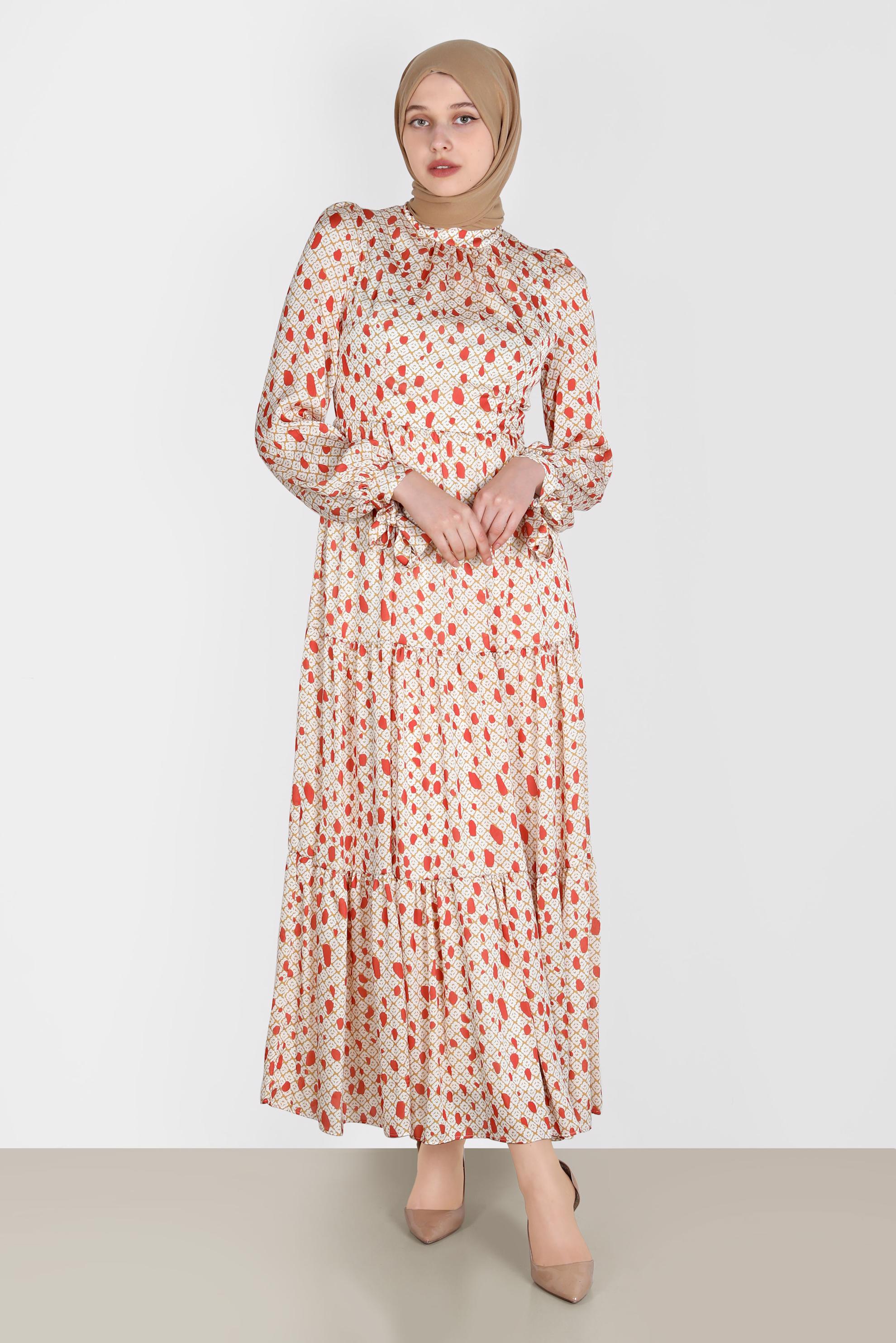 Tesettür giyim TURUNCU MANŞETLERİ BAĞLAMALI DESENLİ ELBİSE 42730 