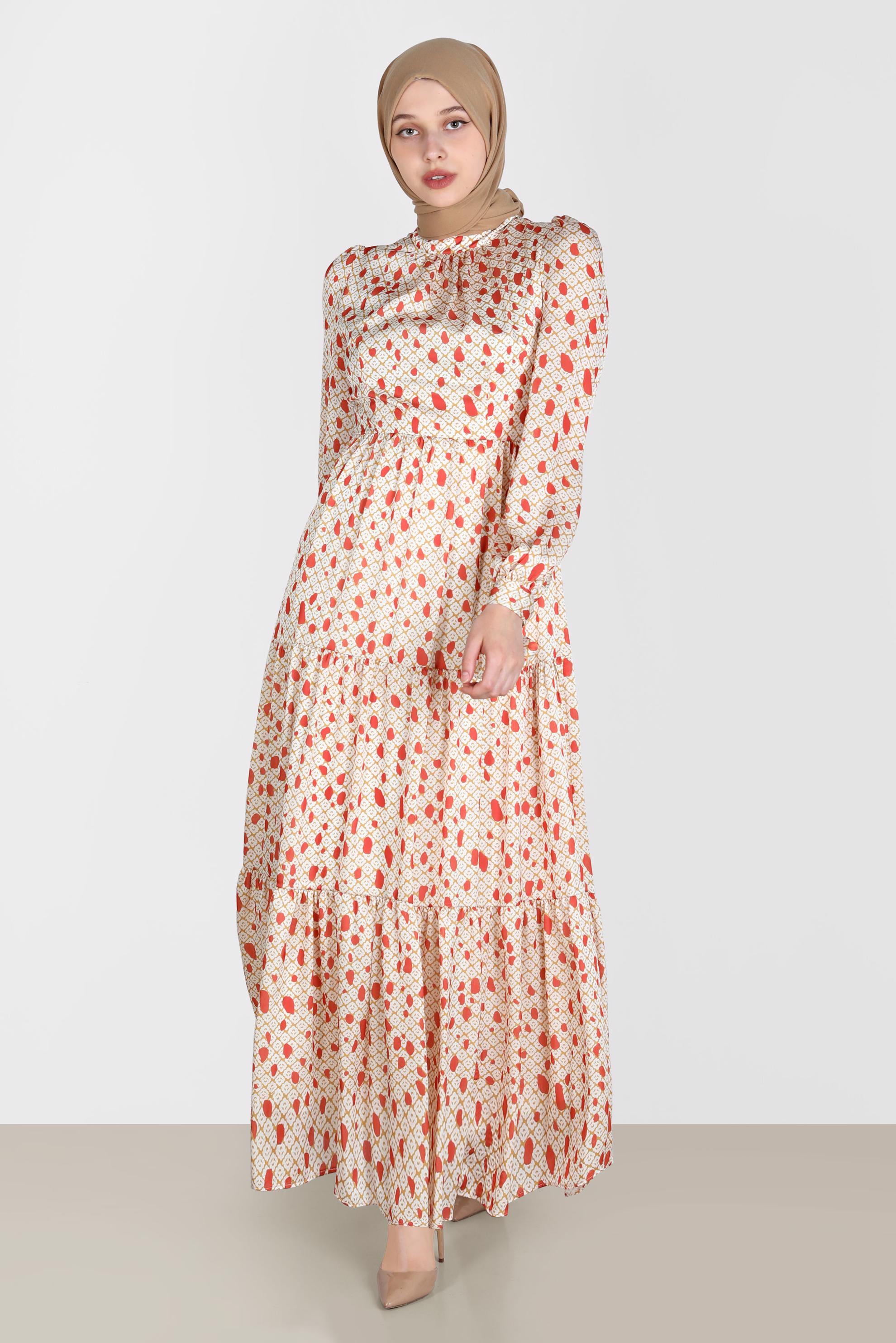 Tesettür giyim TURUNCU MANŞETLERİ BAĞLAMALI DESENLİ ELBİSE 42730 