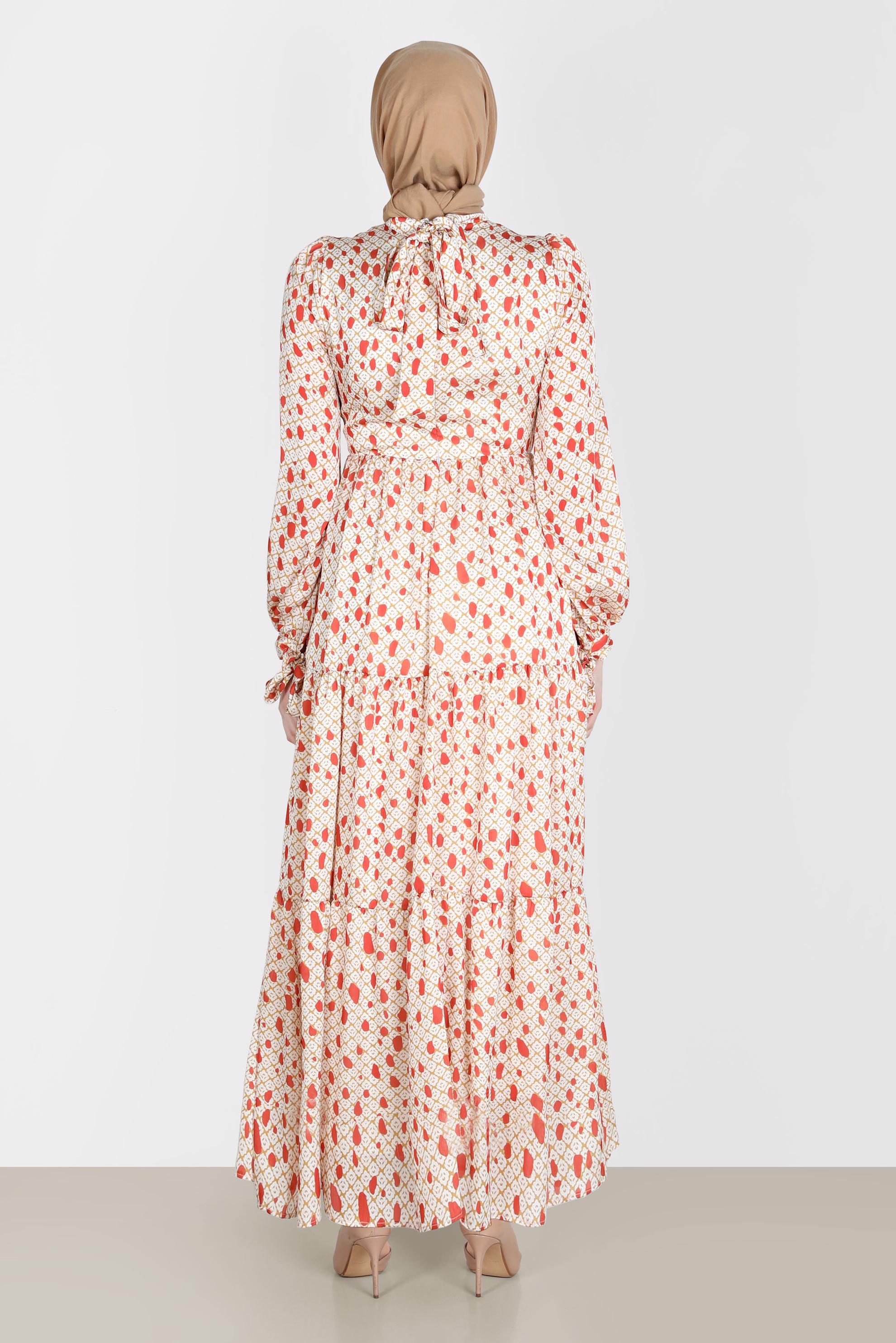 Tesettür giyim TURUNCU MANŞETLERİ BAĞLAMALI DESENLİ ELBİSE 42730 