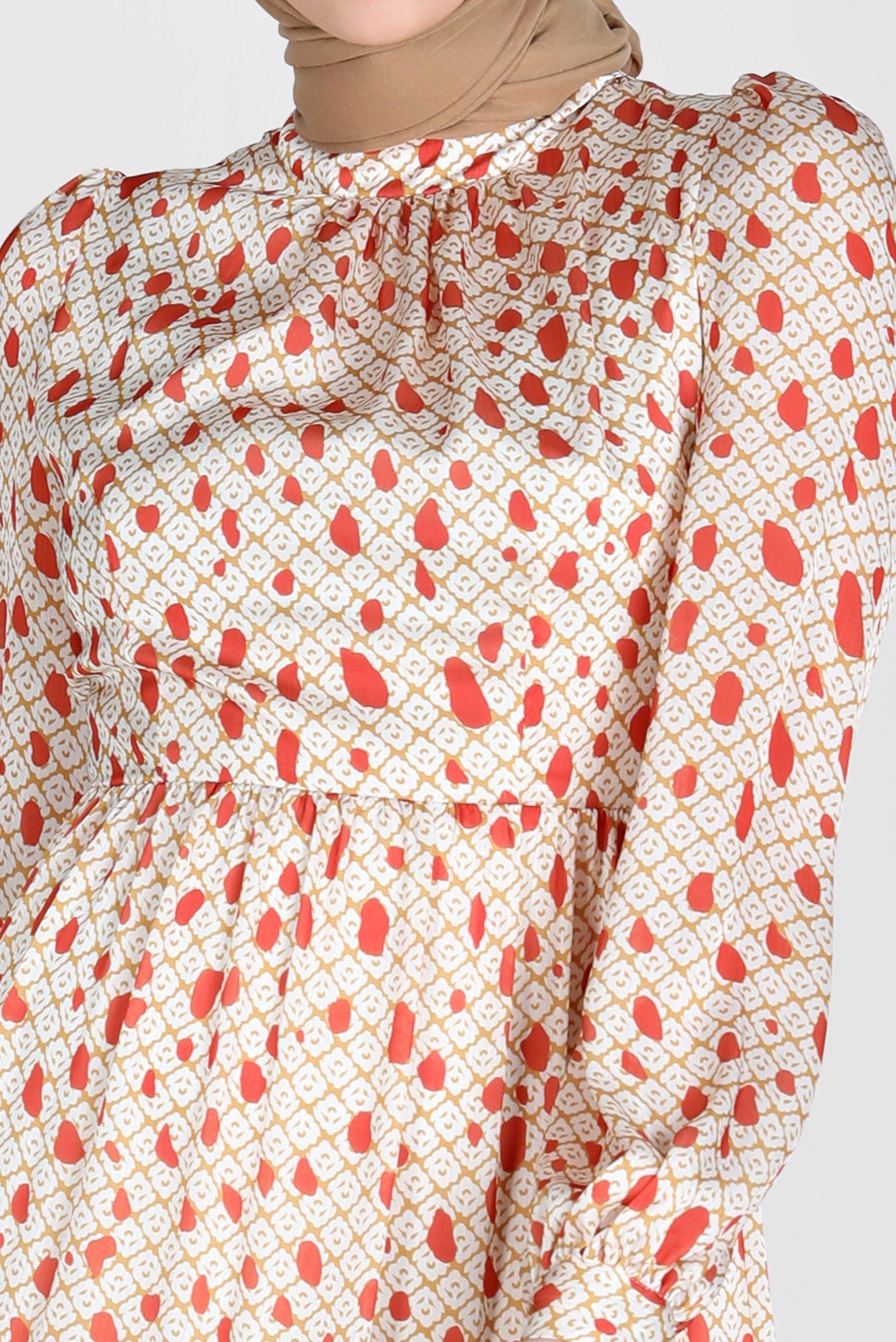 Tesettür giyim TURUNCU MANŞETLERİ BAĞLAMALI DESENLİ ELBİSE 42730 