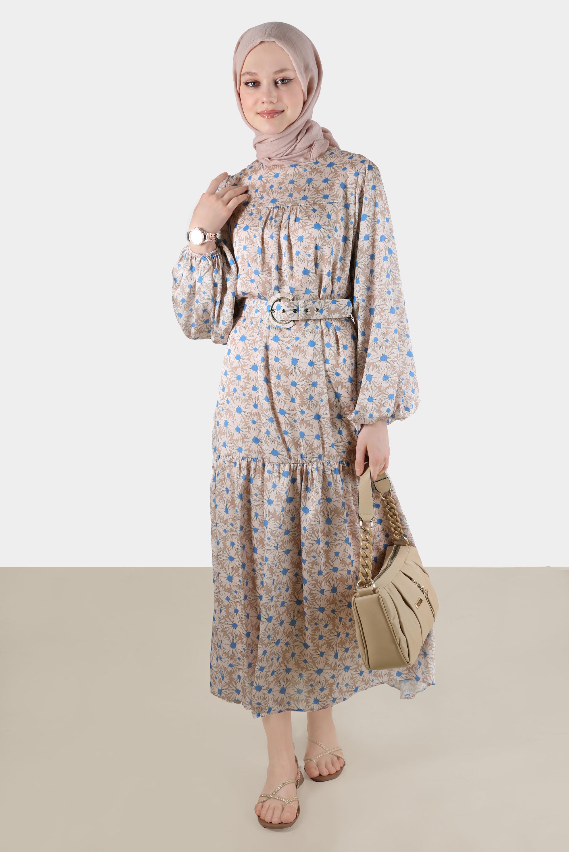 Tesettür giyim BEJ ÇİÇEK DESENLİ ROBALI SATEN ELBİSE 42731 