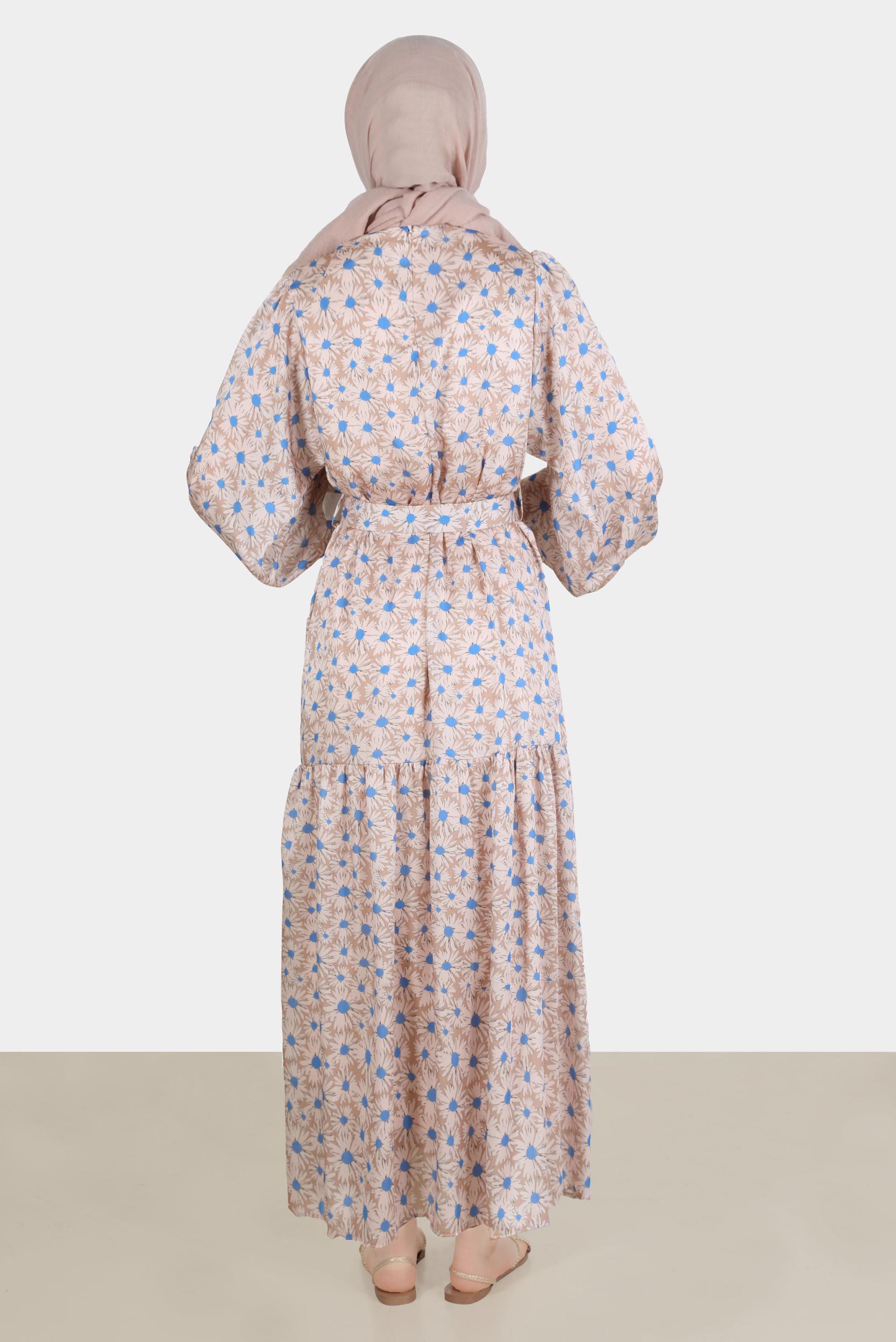 Tesettür giyim BEJ ÇİÇEK DESENLİ ROBALI SATEN ELBİSE 42731 