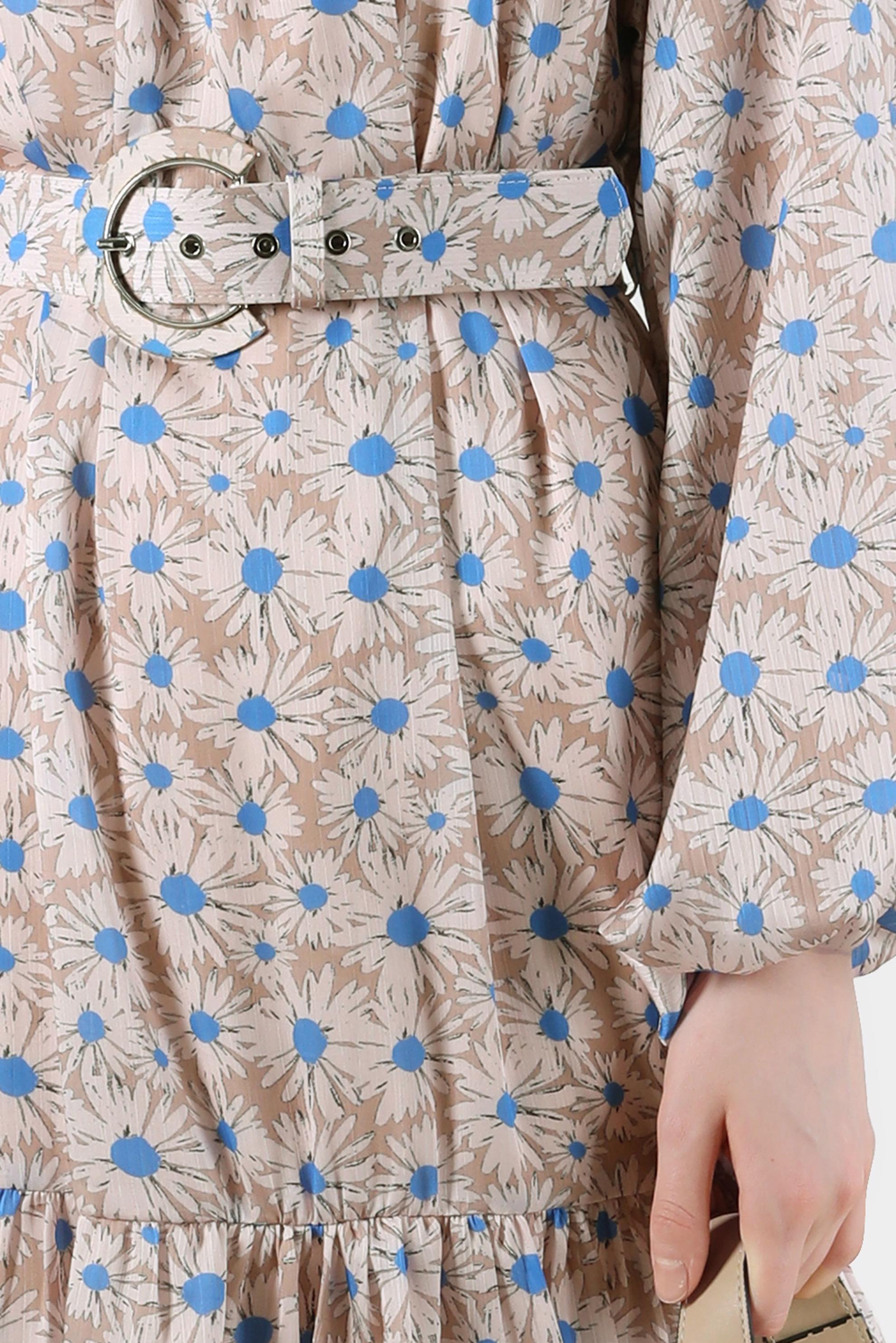 Tesettür giyim BEJ ÇİÇEK DESENLİ ROBALI SATEN ELBİSE 42731 