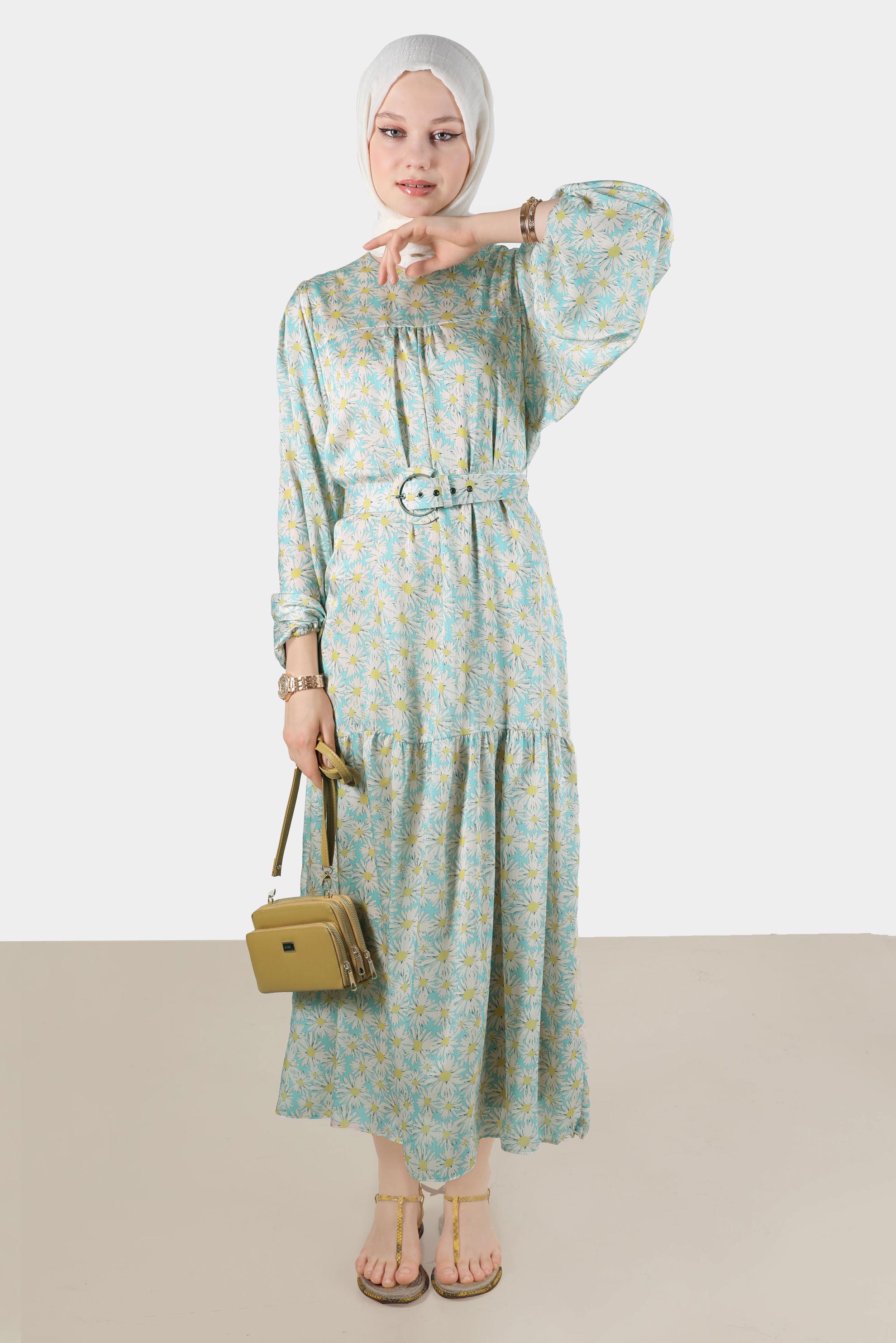 Tesettür giyim MAVİ ÇİÇEK DESENLİ ROBALI SATEN ELBİSE 42731 