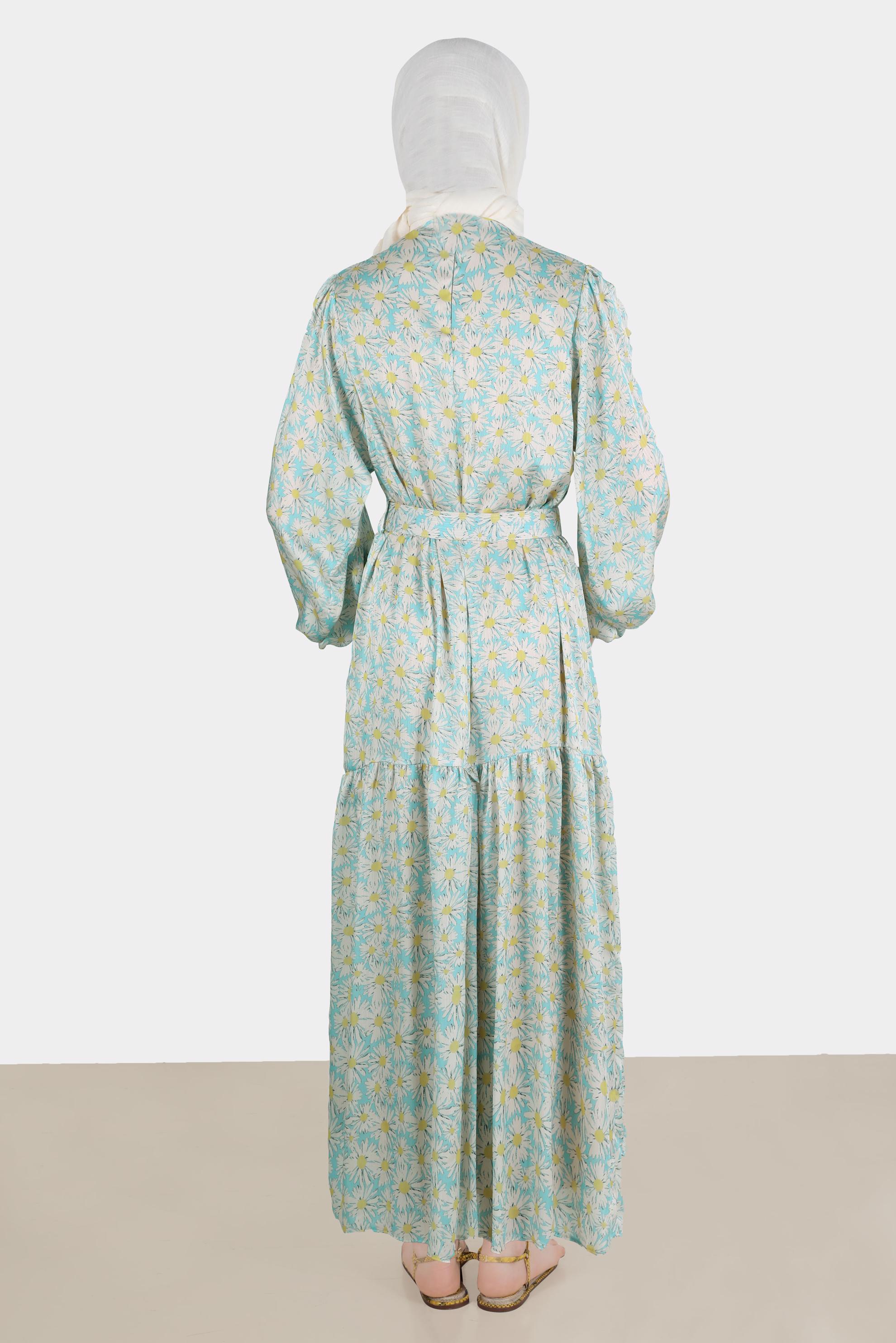 Tesettür giyim MAVİ ÇİÇEK DESENLİ ROBALI SATEN ELBİSE 42731 