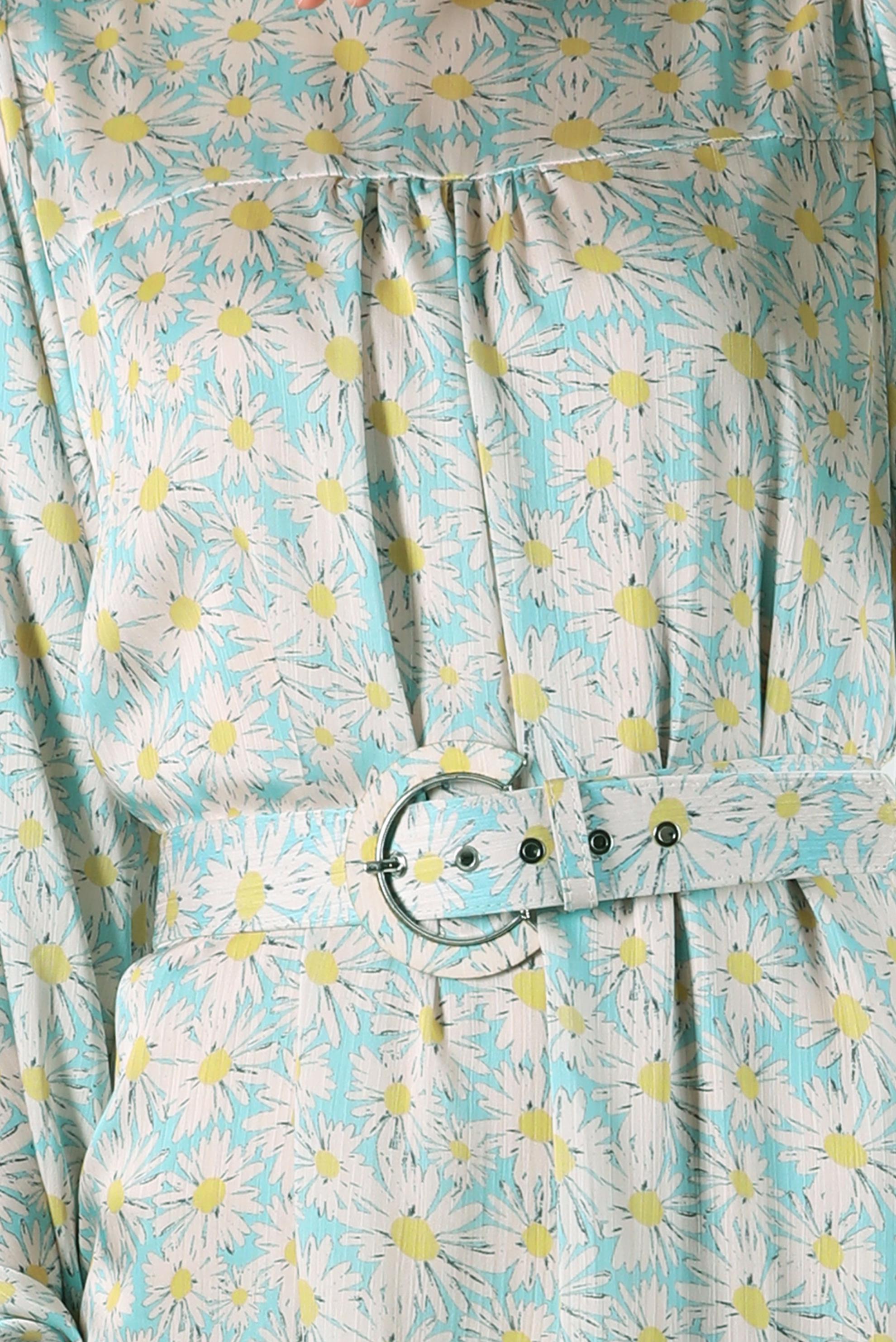 Tesettür giyim MAVİ ÇİÇEK DESENLİ ROBALI SATEN ELBİSE 42731 