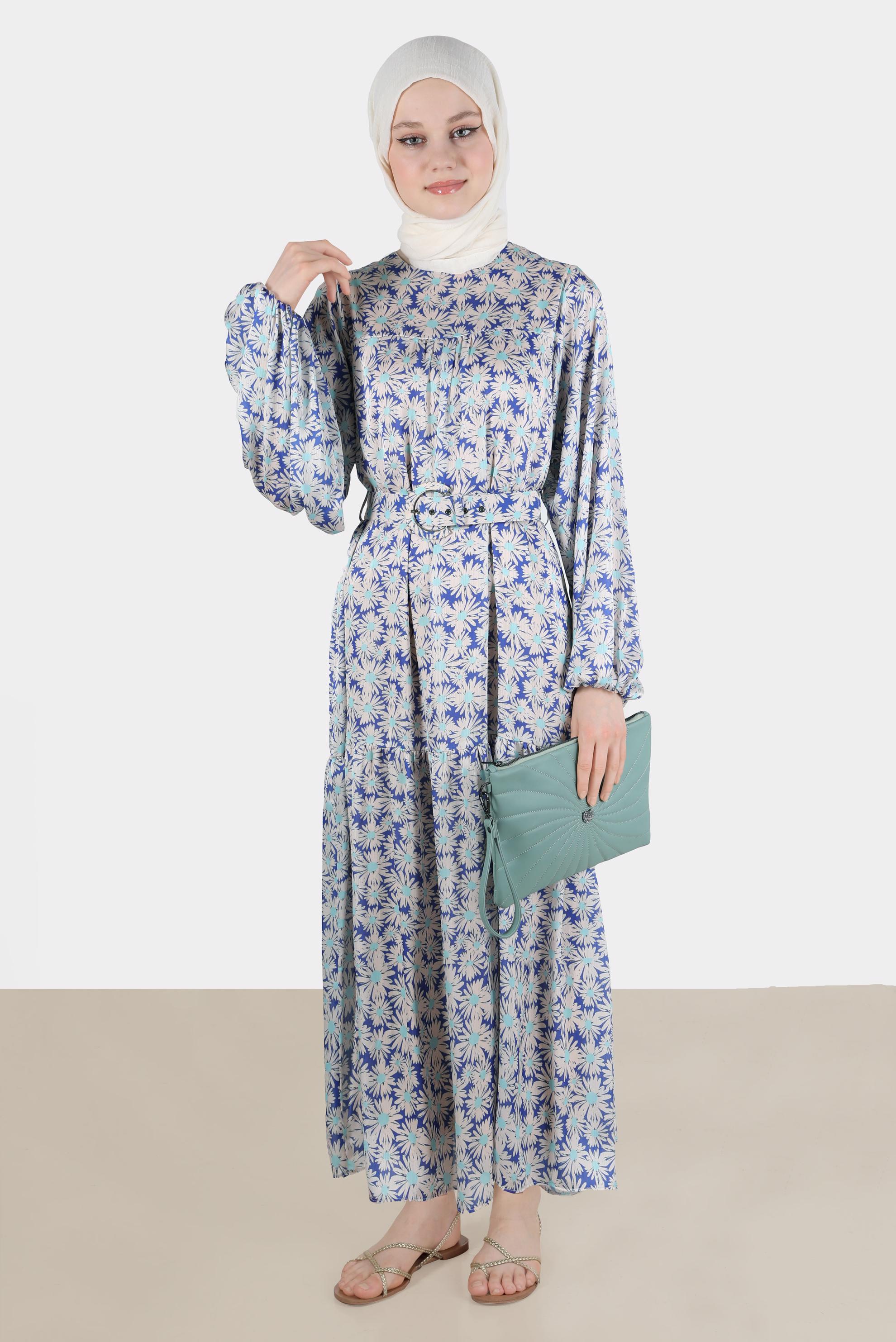 Tesettür giyim LACİVERT ÇİÇEK DESENLİ ROBALI SATEN ELBİSE 42731 