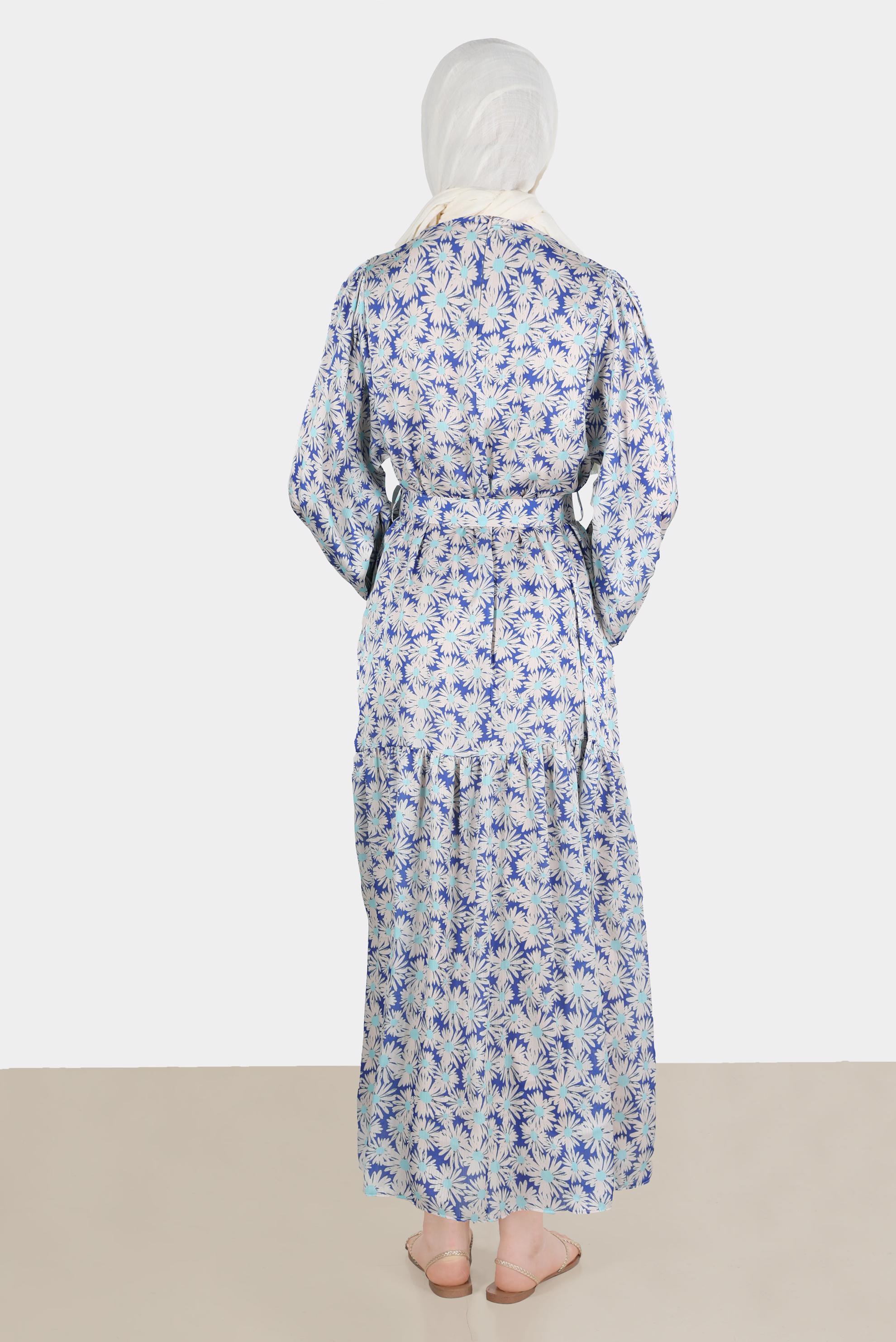 Tesettür giyim LACİVERT ÇİÇEK DESENLİ ROBALI SATEN ELBİSE 42731 