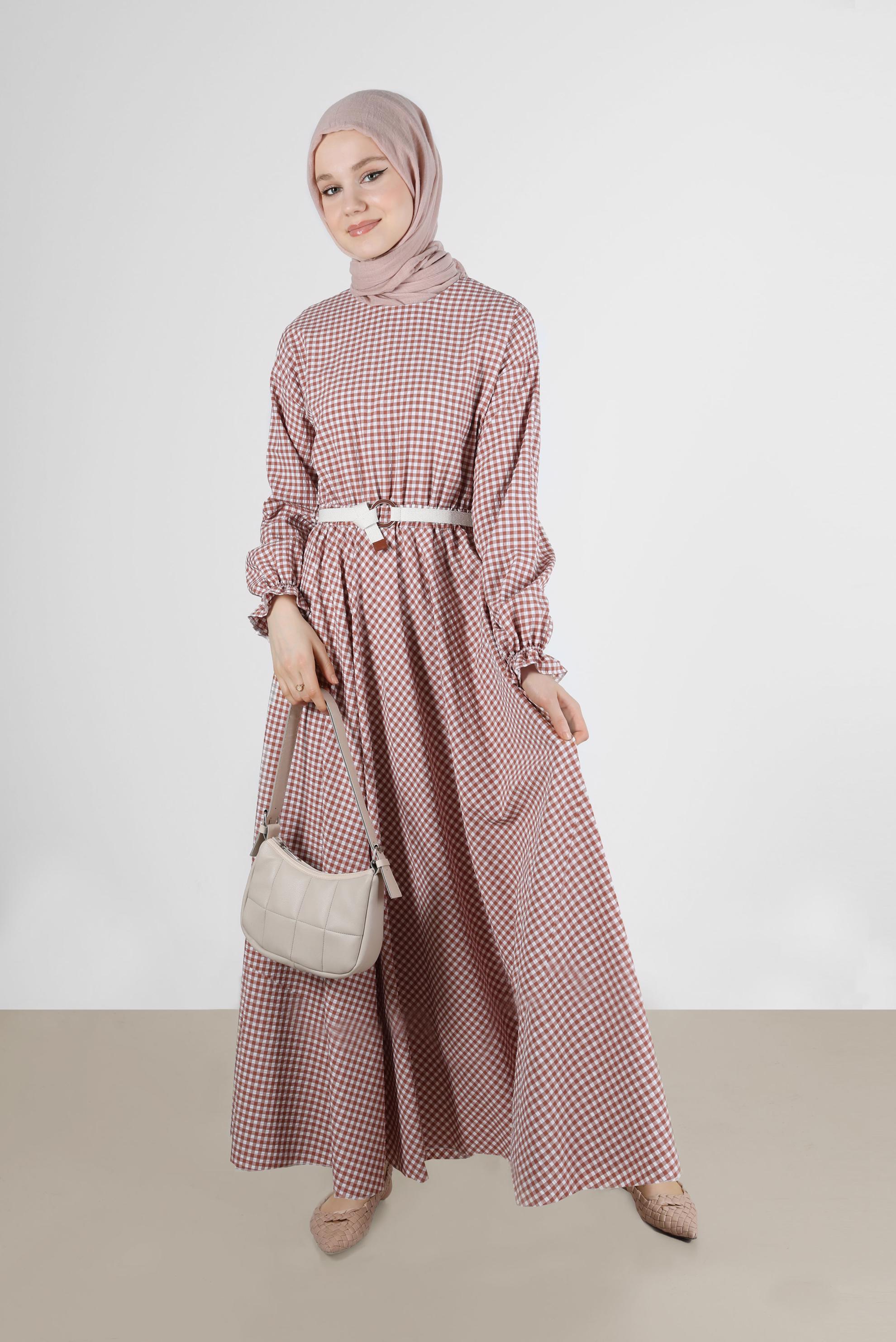 Tesettür giyim TURUNCU MANŞETLERİ LASTİKLİ PÖTİKARE ELBİSE 42732 