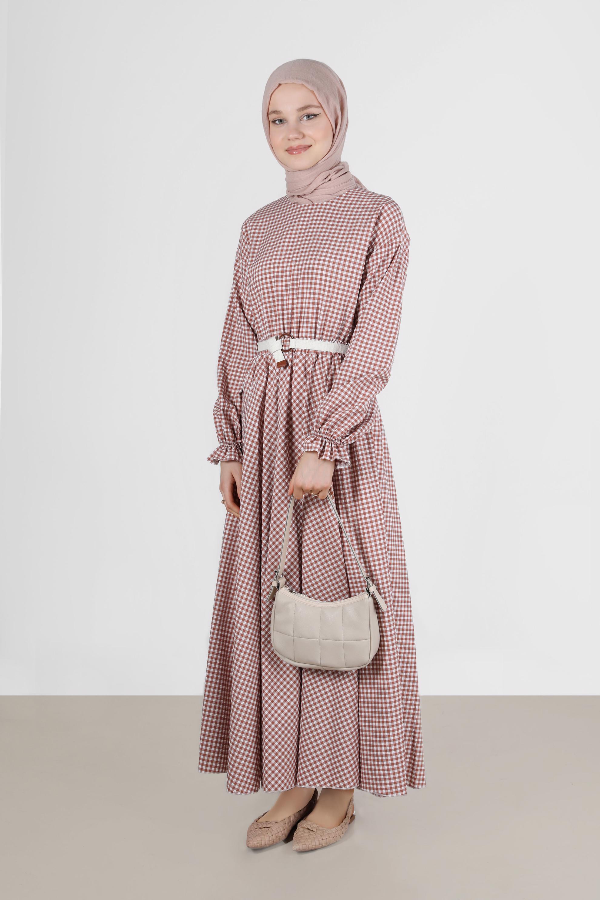 Tesettür giyim TURUNCU MANŞETLERİ LASTİKLİ PÖTİKARE ELBİSE 42732 