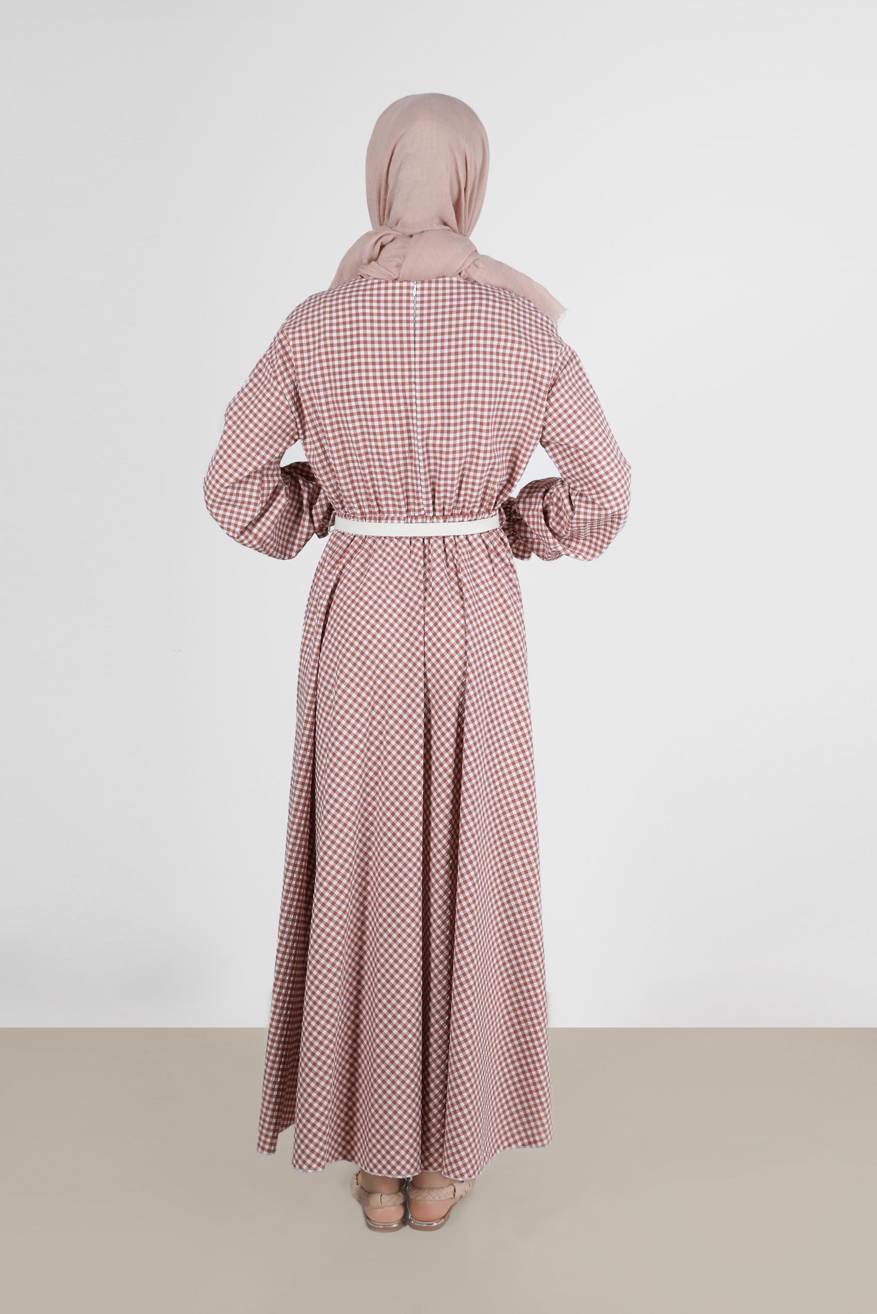 Tesettür giyim TURUNCU MANŞETLERİ LASTİKLİ PÖTİKARE ELBİSE 42732 