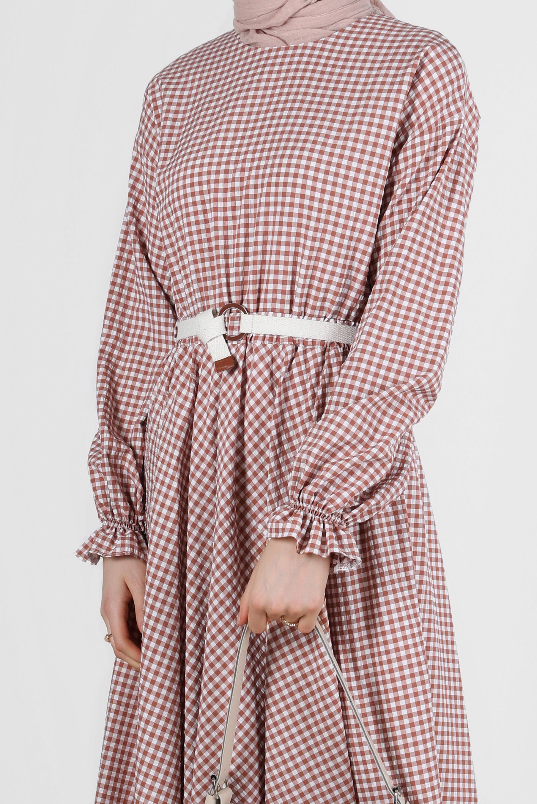 Tesettür giyim TURUNCU MANŞETLERİ LASTİKLİ PÖTİKARE ELBİSE 42732 