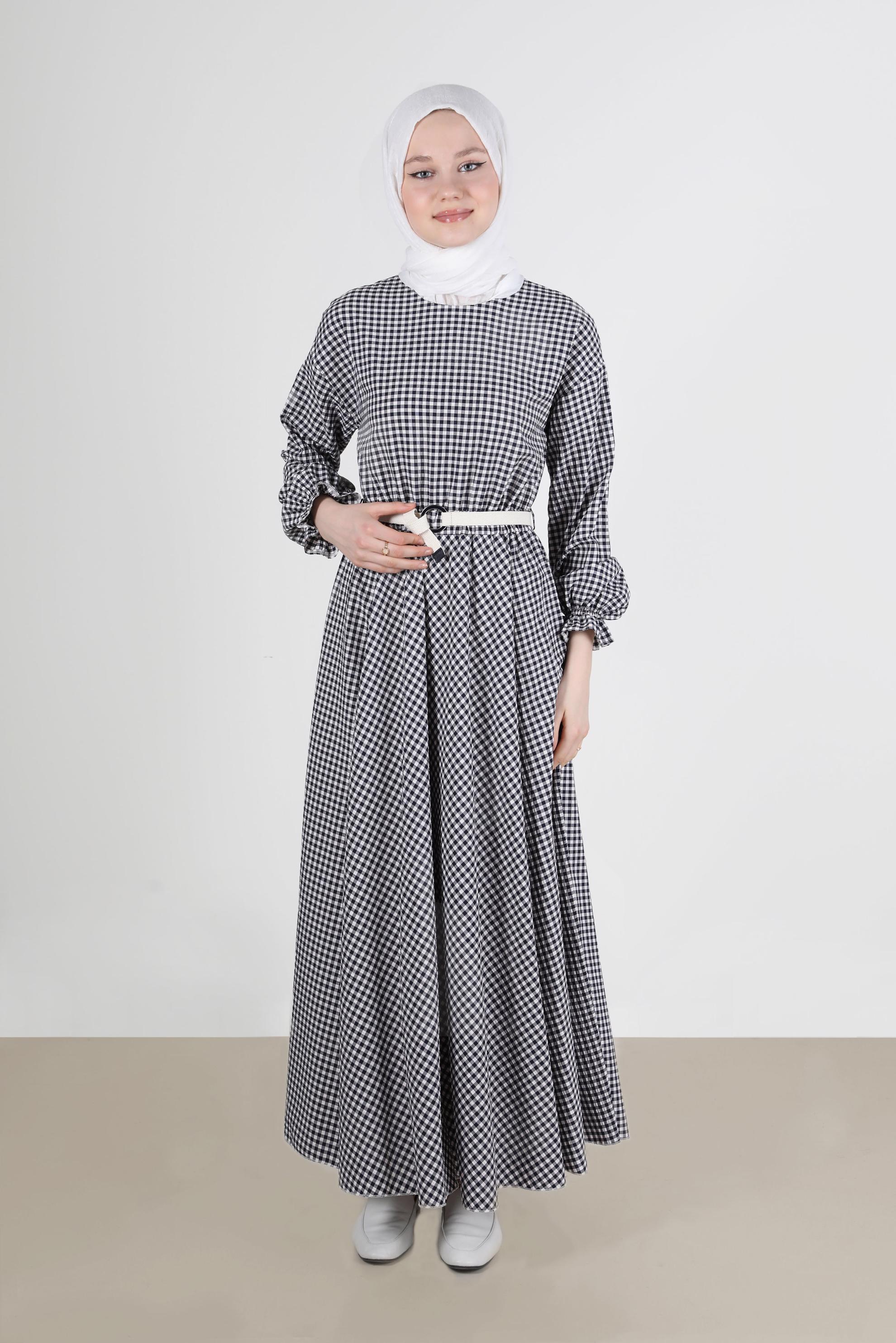 Tesettür giyim LACİVERT MANŞETLERİ LASTİKLİ PÖTİKARE ELBİSE 42732 