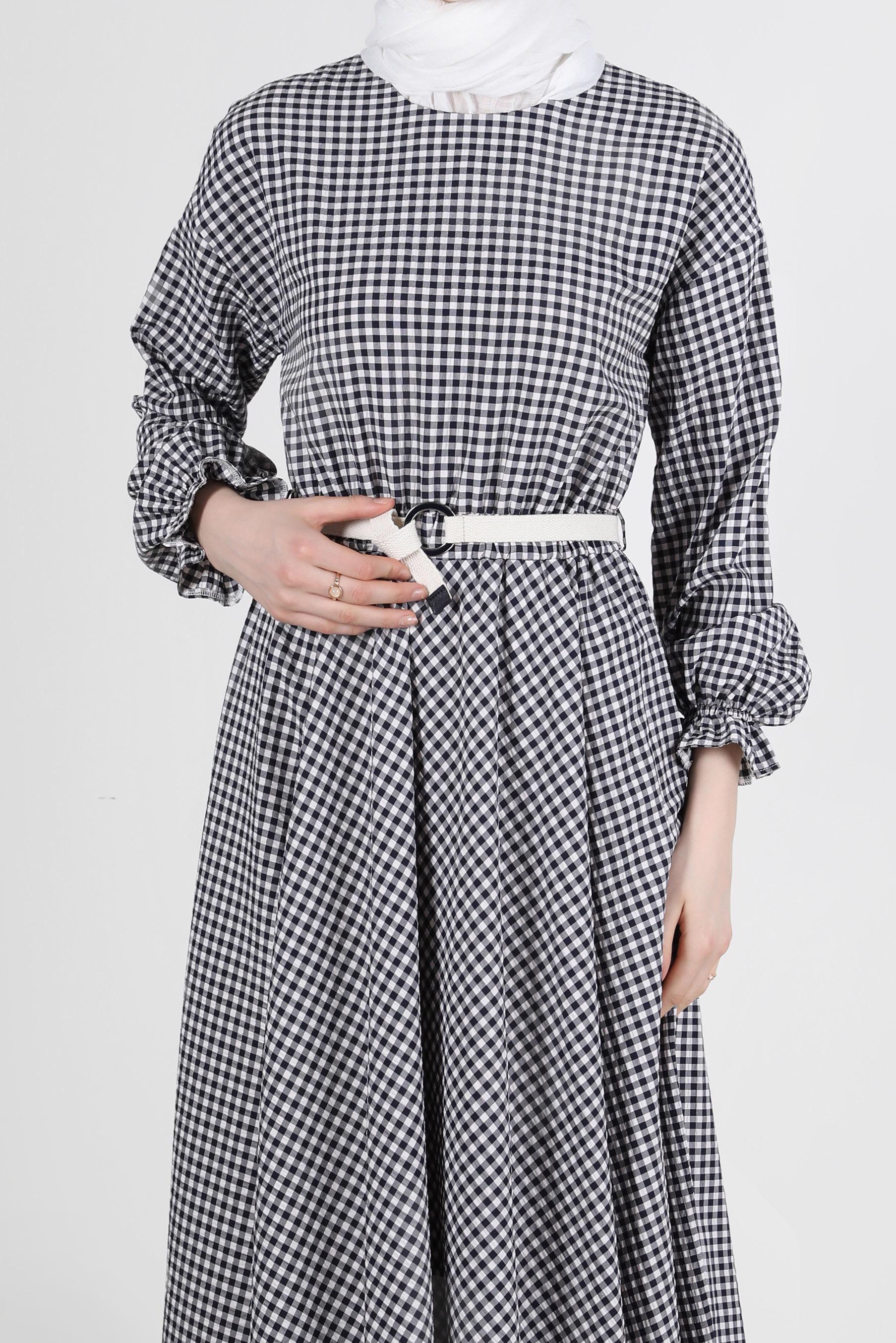 Tesettür giyim LACİVERT MANŞETLERİ LASTİKLİ PÖTİKARE ELBİSE 42732 