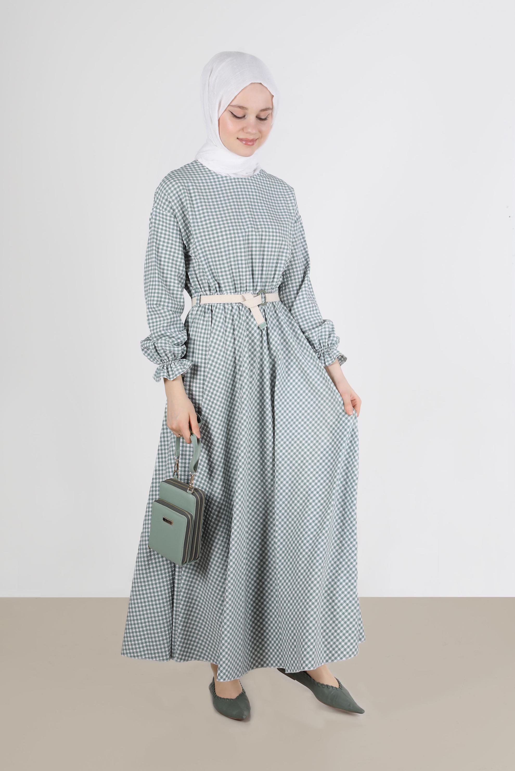 Tesettür giyim YEŞİL MANŞETLERİ LASTİKLİ PÖTİKARE ELBİSE 42732 