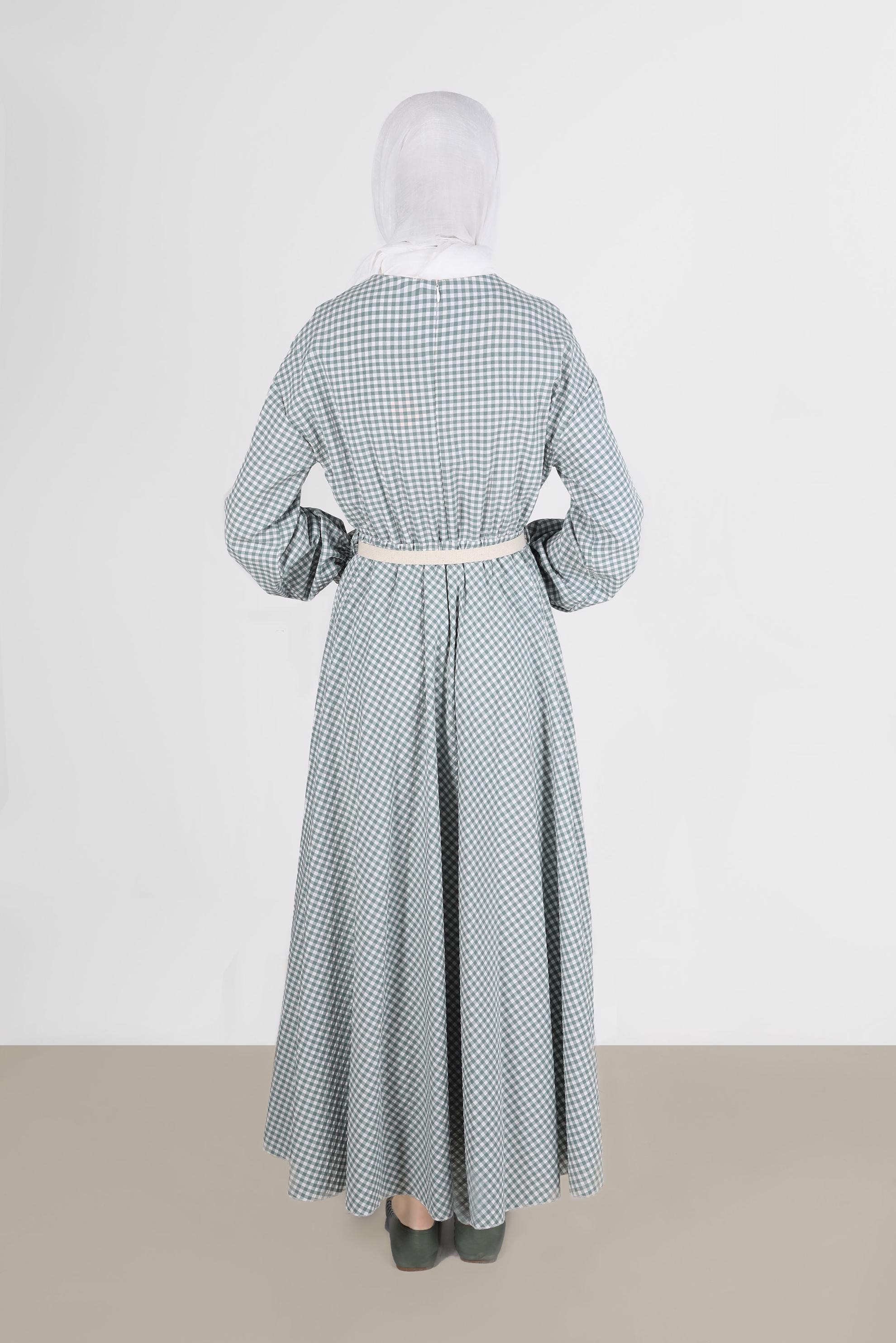 Tesettür giyim YEŞİL MANŞETLERİ LASTİKLİ PÖTİKARE ELBİSE 42732 