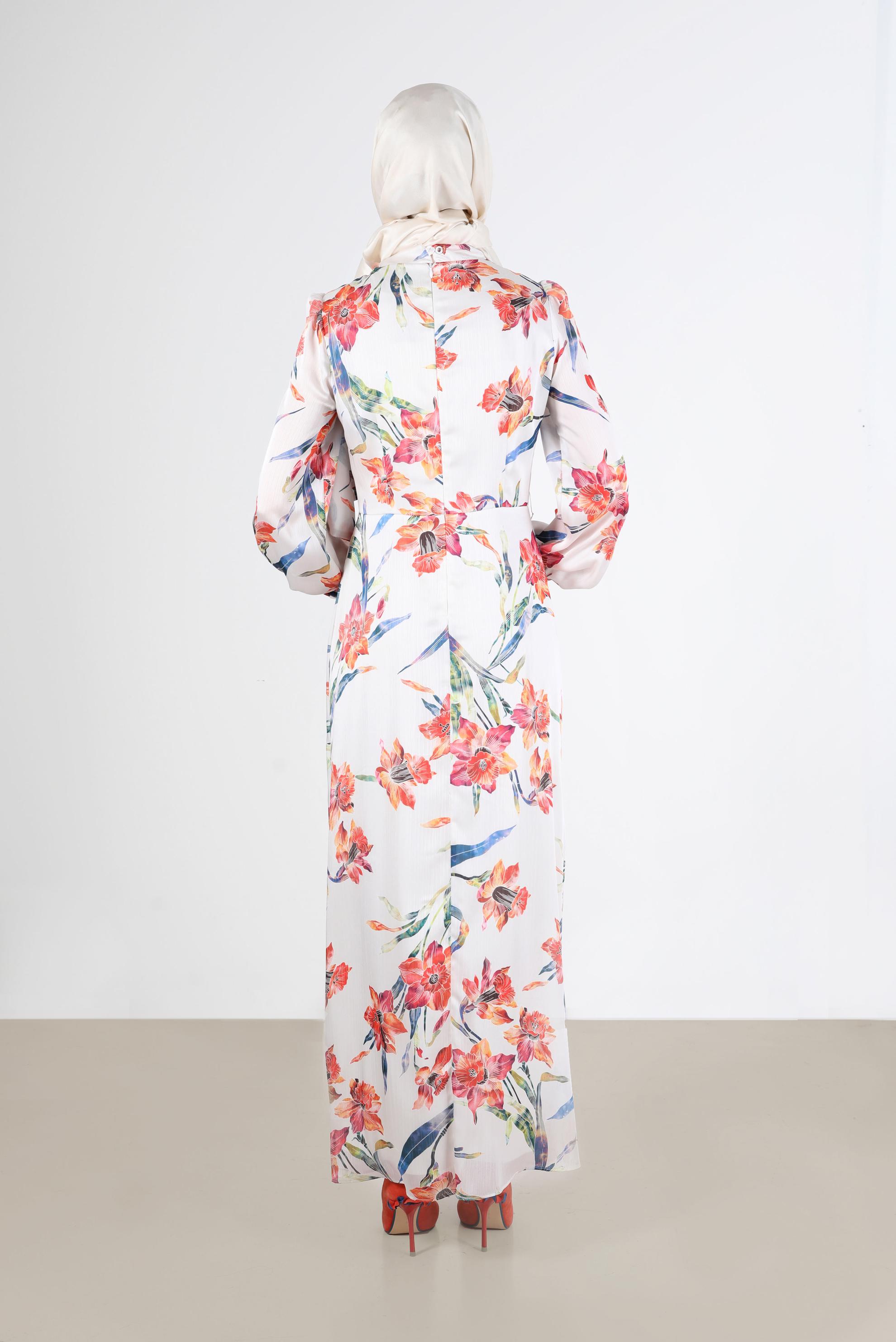 Tesettür giyim BEJ BAĞLAMA DETAYLI ÇİÇEK DESENLİ ELBİSE 42733 