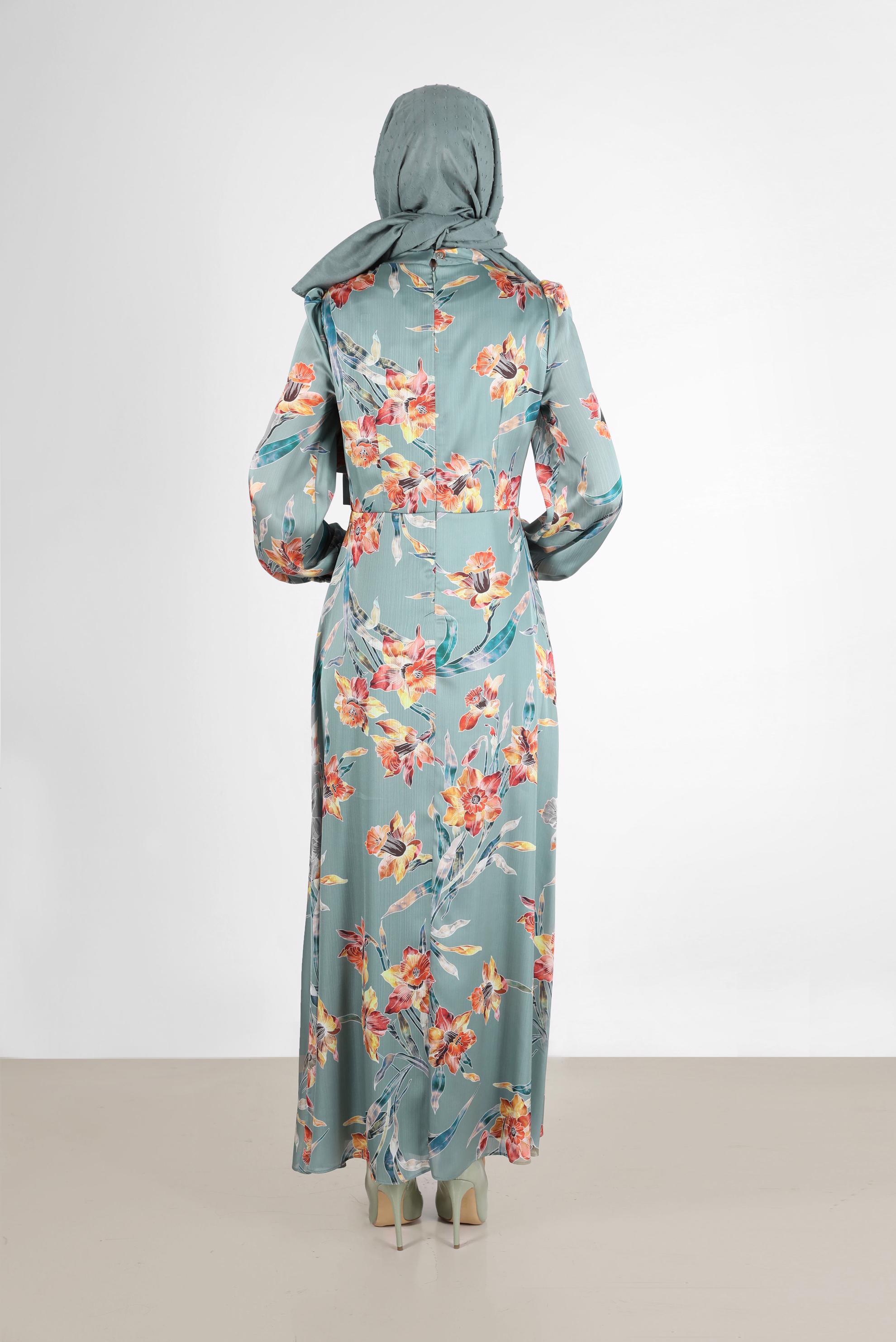 Tesettür giyim MAVİ BAĞLAMA DETAYLI ÇİÇEK DESENLİ ELBİSE 42733 