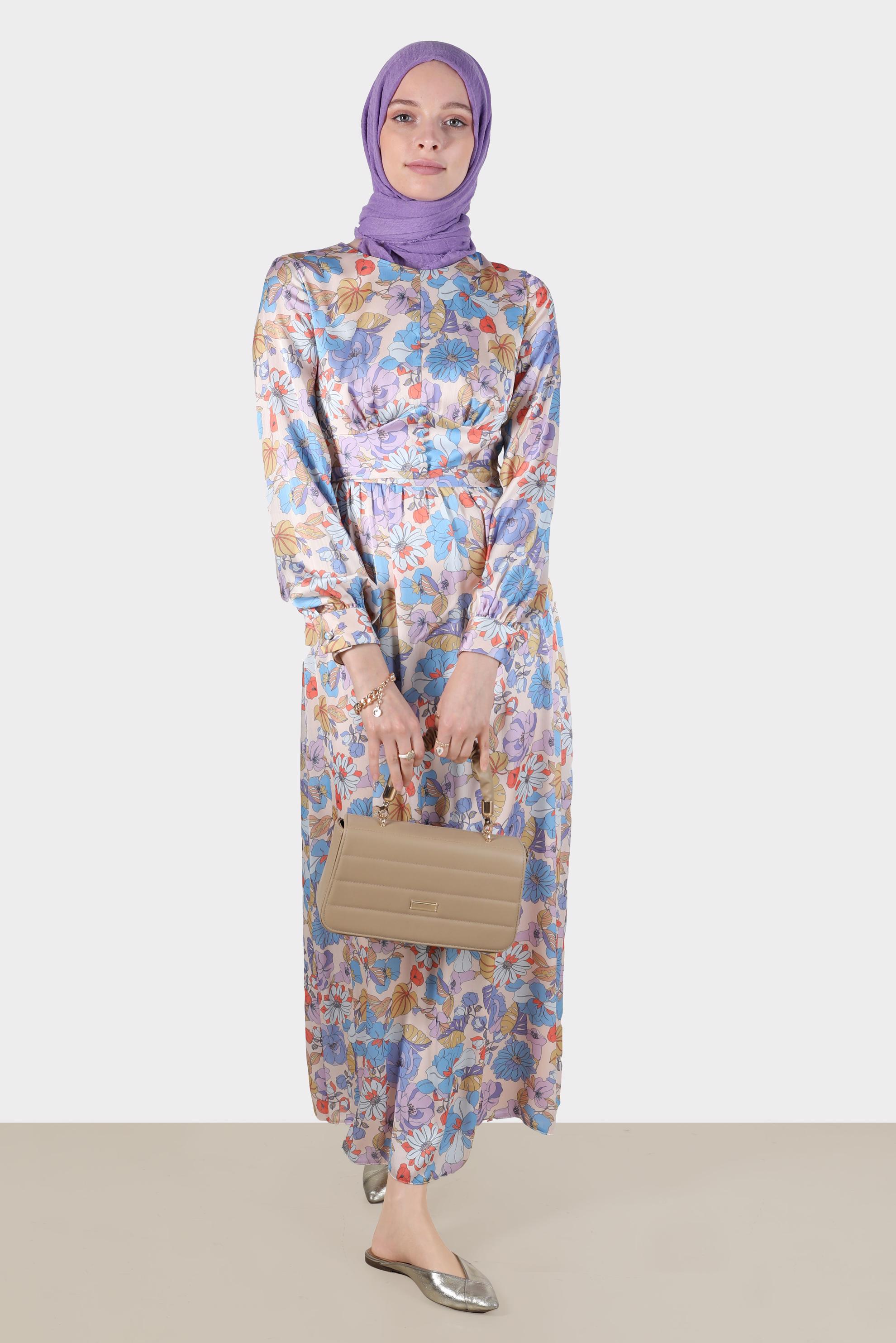 Tesettür giyim MAVİ ÇİÇEK DESENLİ KUŞAKLI ELBİSE 42778 