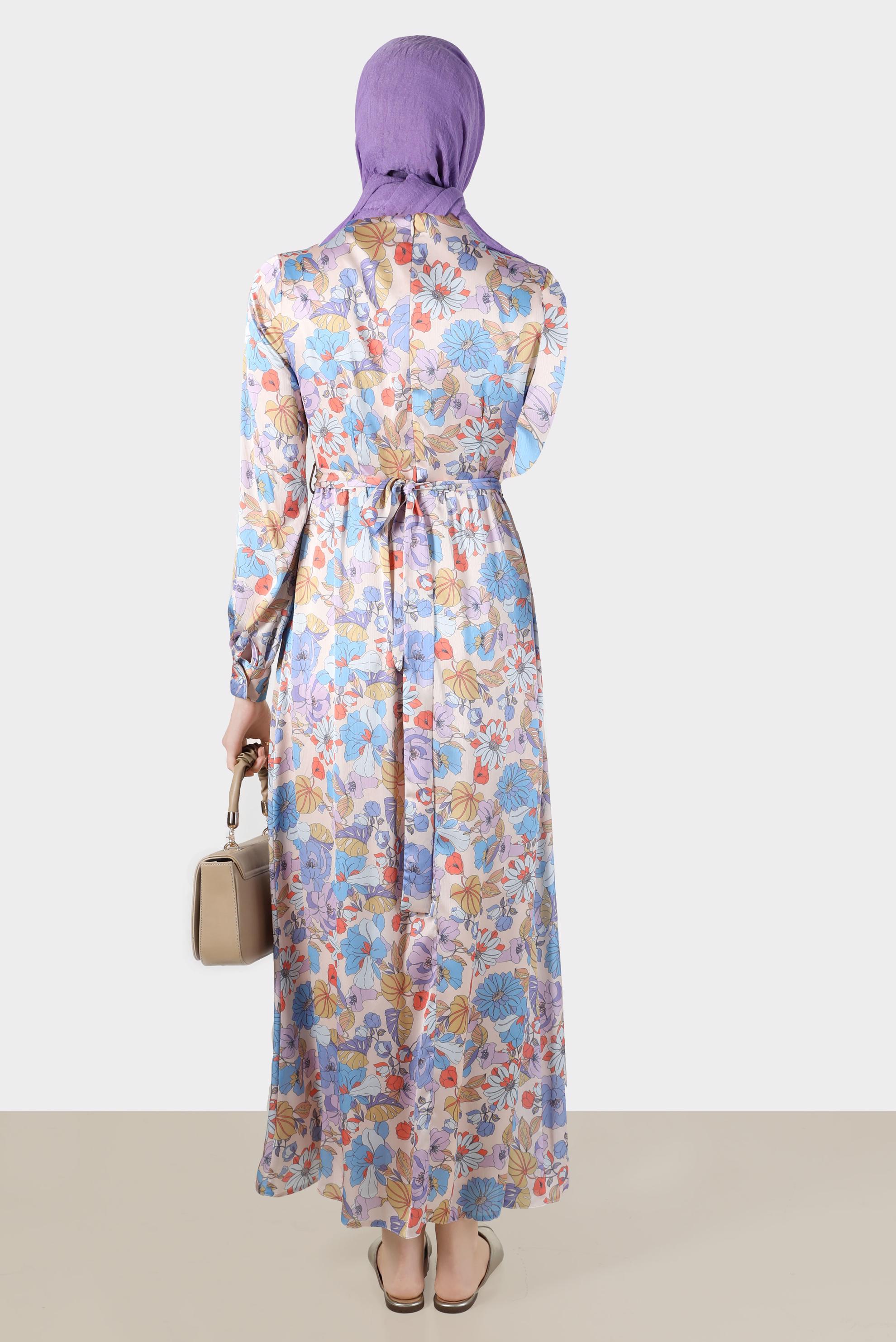 Tesettür giyim MAVİ ÇİÇEK DESENLİ KUŞAKLI ELBİSE 42778 