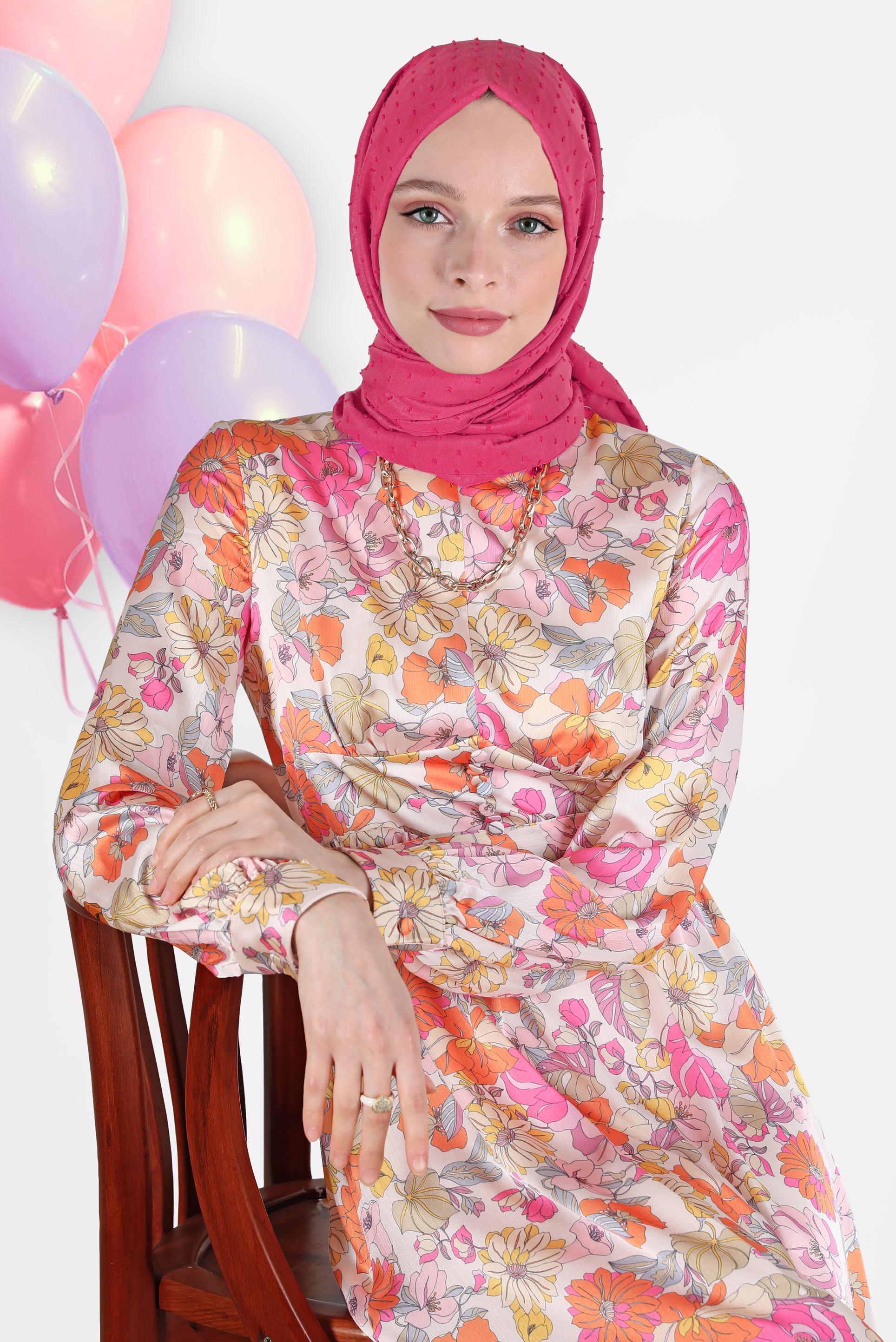 Tesettür giyim PUDRA ÇİÇEK DESENLİ KUŞAKLI ELBİSE 42778 