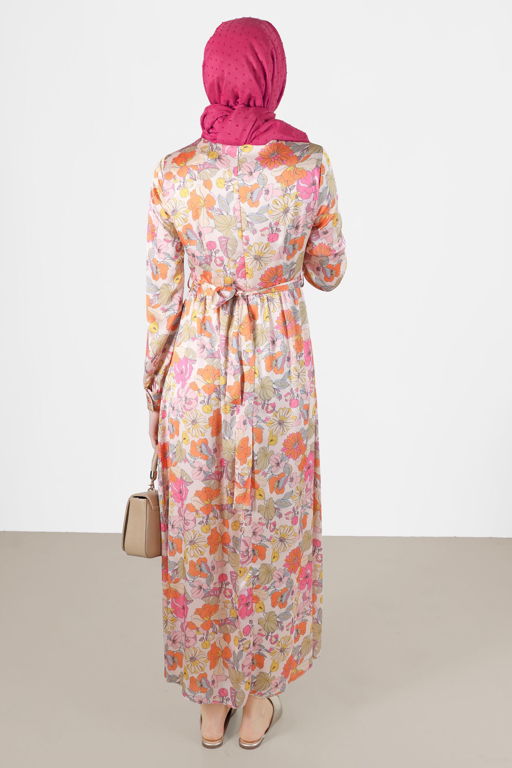 Tesettür giyim PUDRA ÇİÇEK DESENLİ KUŞAKLI ELBİSE 42778 