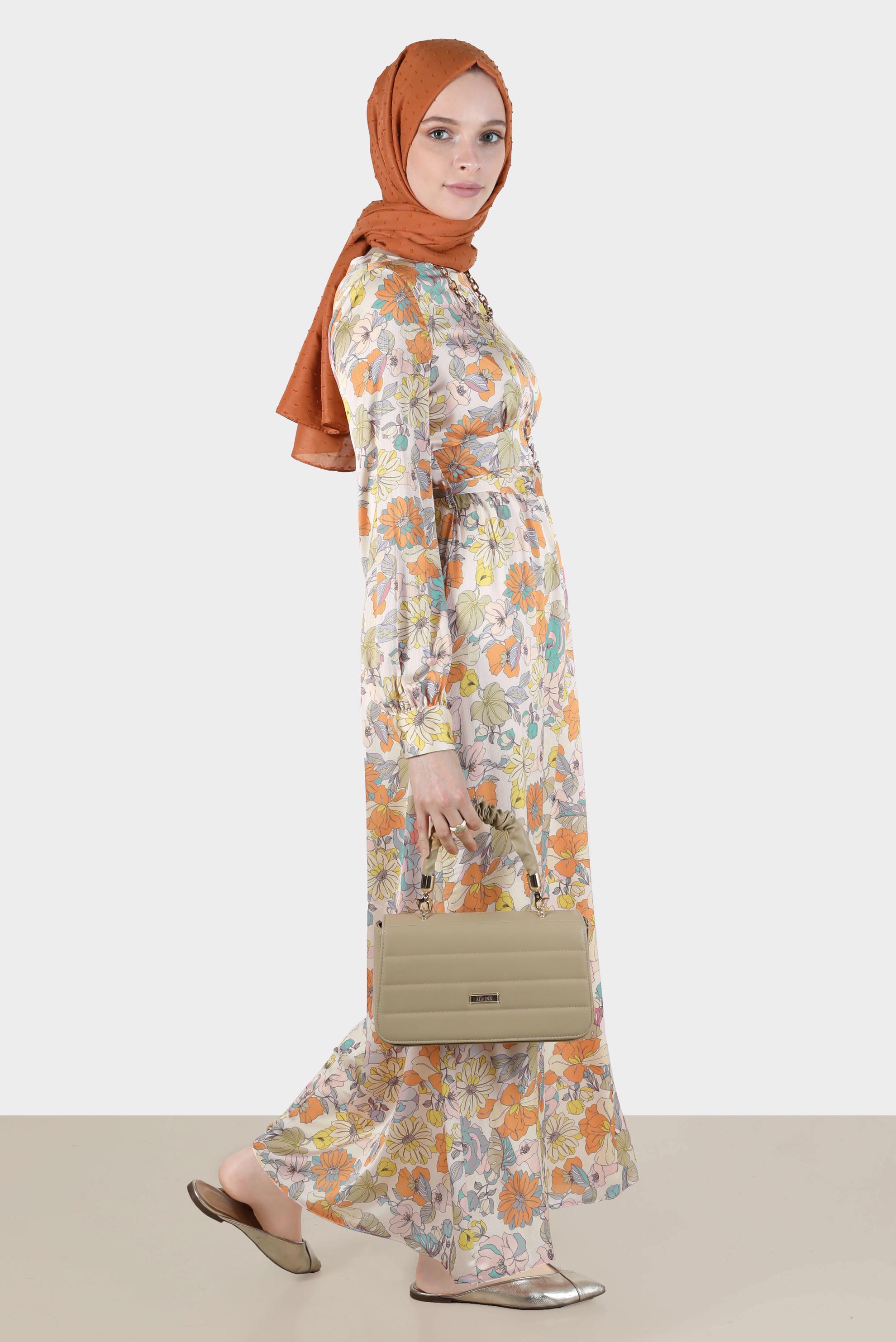 Tesettür giyim KAHVE ÇİÇEK DESENLİ KUŞAKLI ELBİSE 42778 