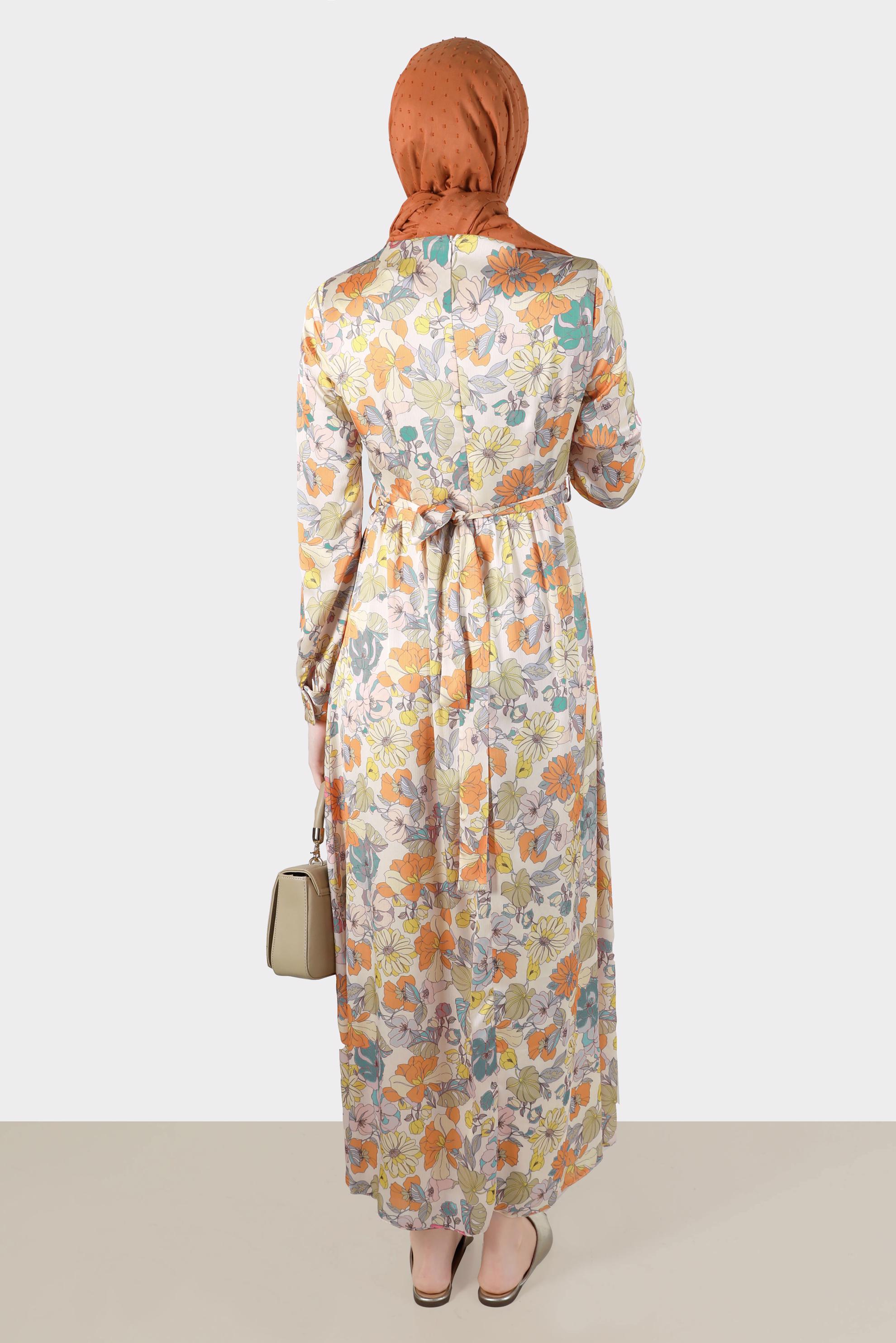 Tesettür giyim KAHVE ÇİÇEK DESENLİ KUŞAKLI ELBİSE 42778 