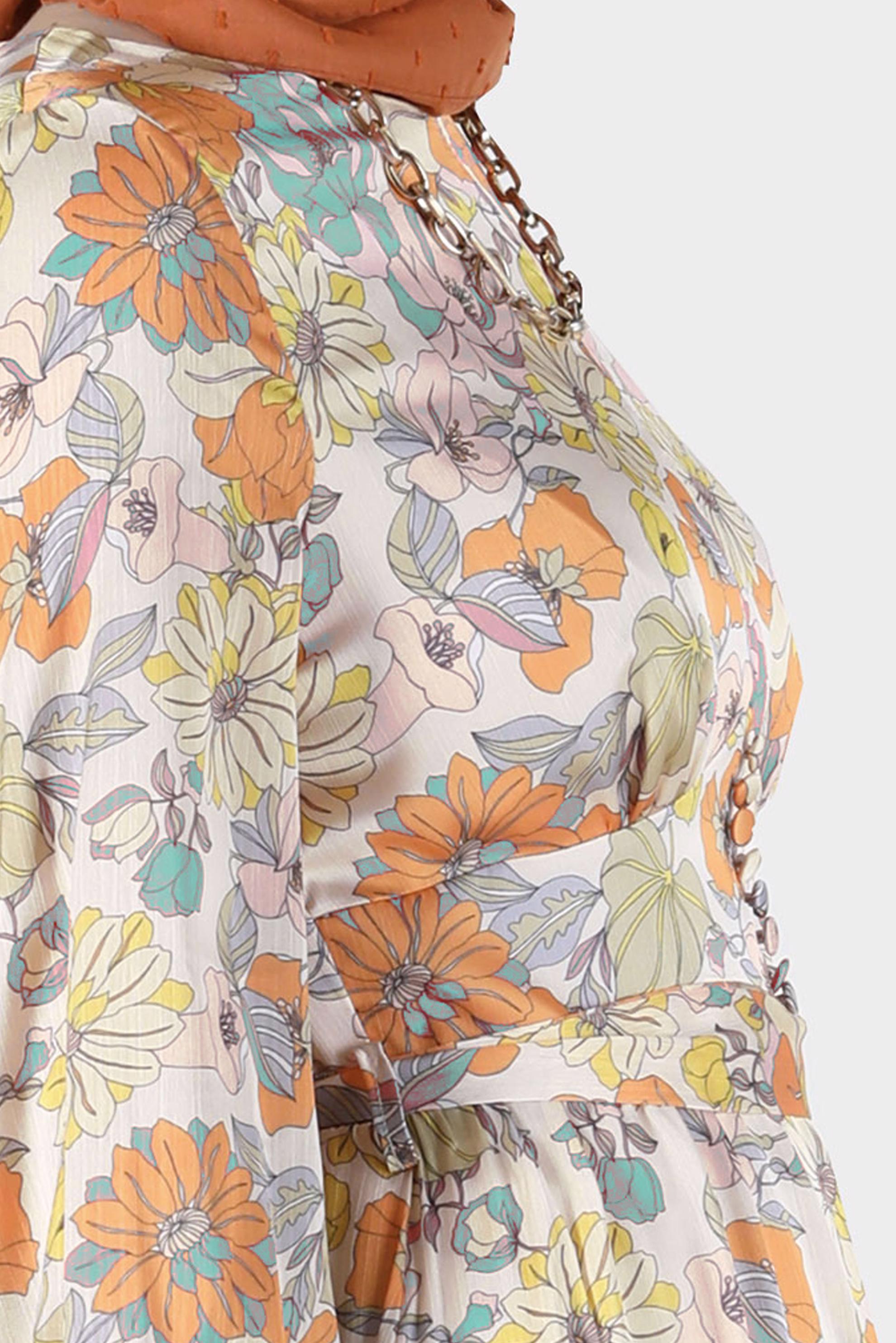 Tesettür giyim KAHVE ÇİÇEK DESENLİ KUŞAKLI ELBİSE 42778 