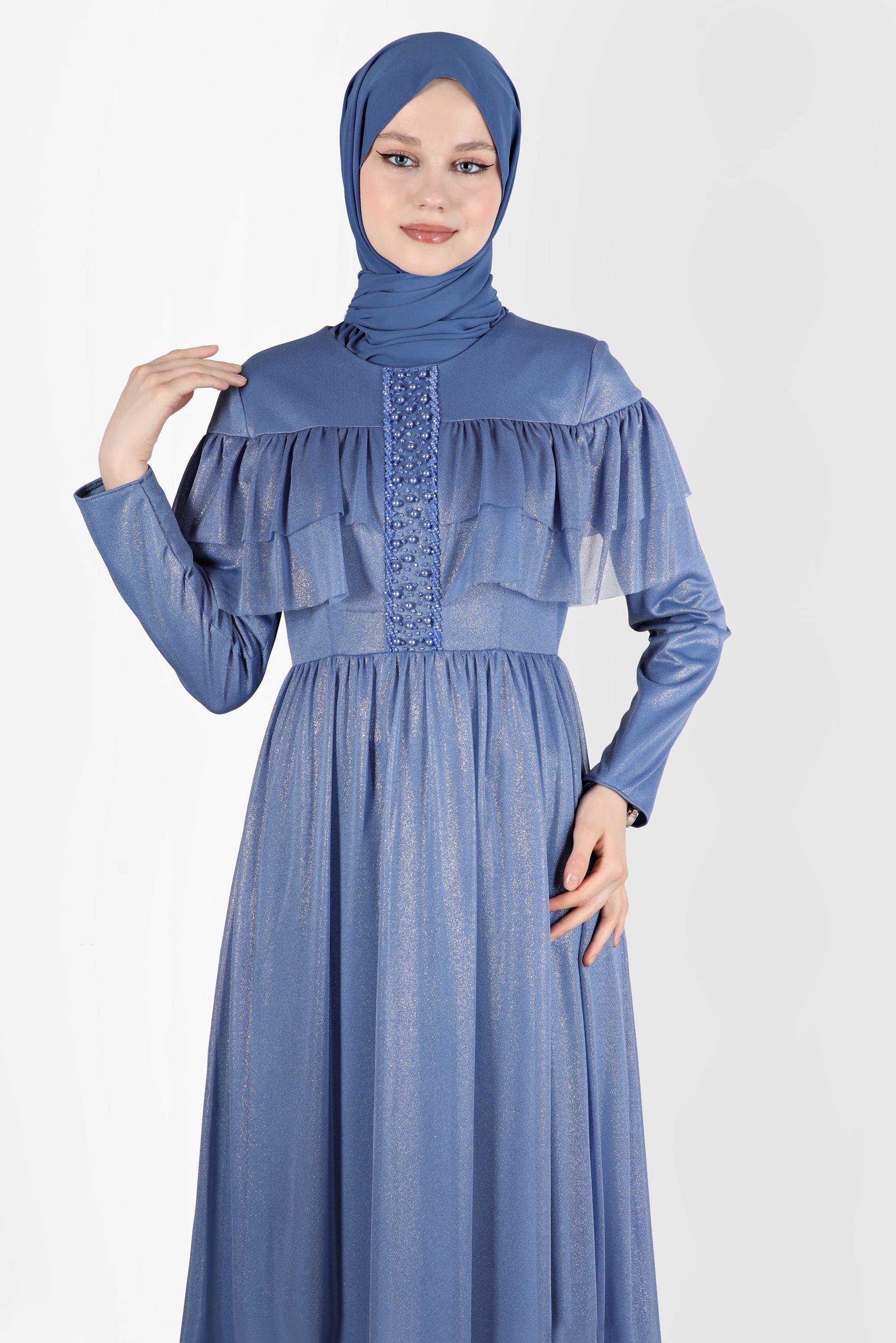 Tesettür giyim MAVİ BONCUK DETAYLI FIRFIRLI FOİL ELBİSE 42786 