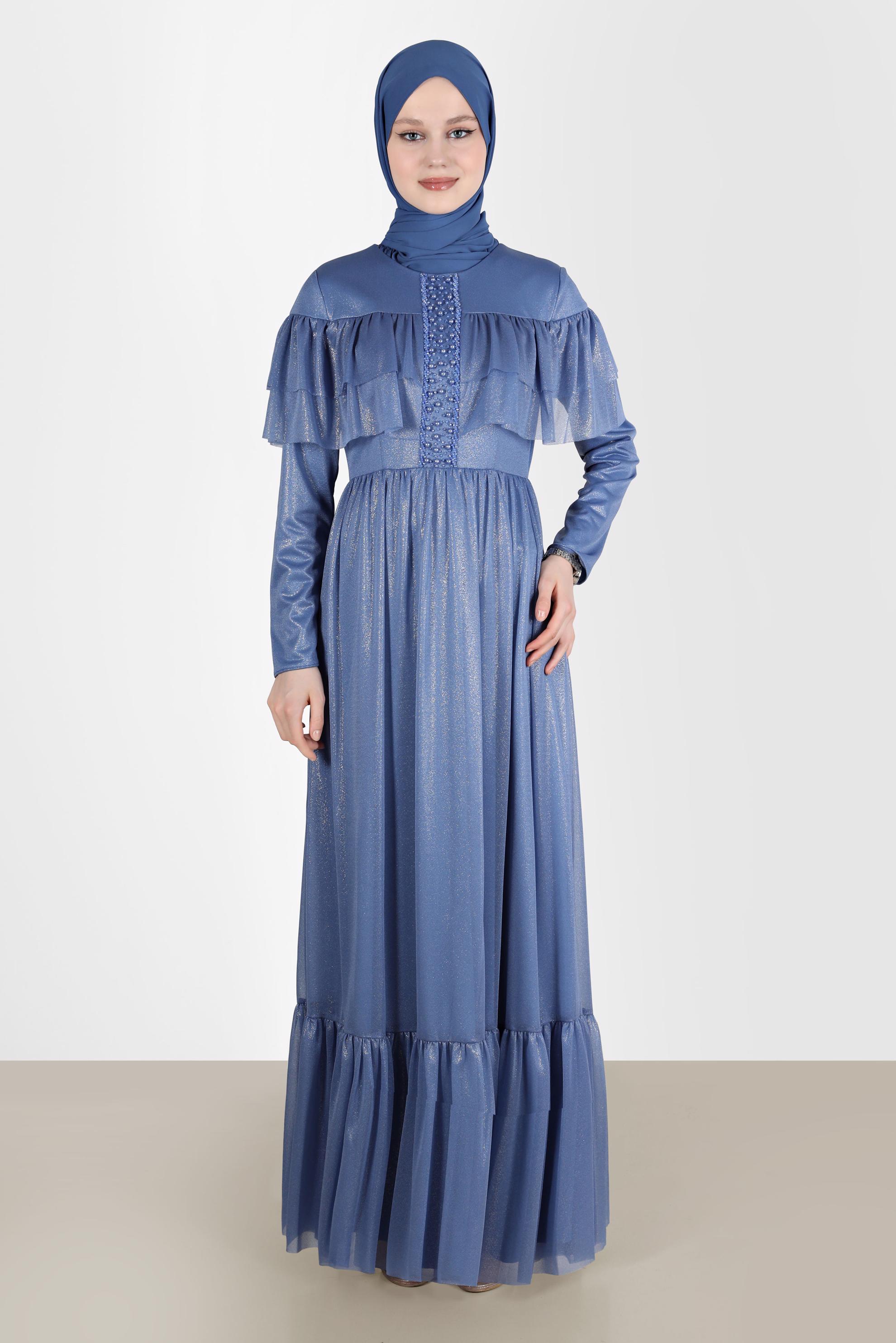 Tesettür giyim MAVİ BONCUK DETAYLI FIRFIRLI FOİL ELBİSE 42786 