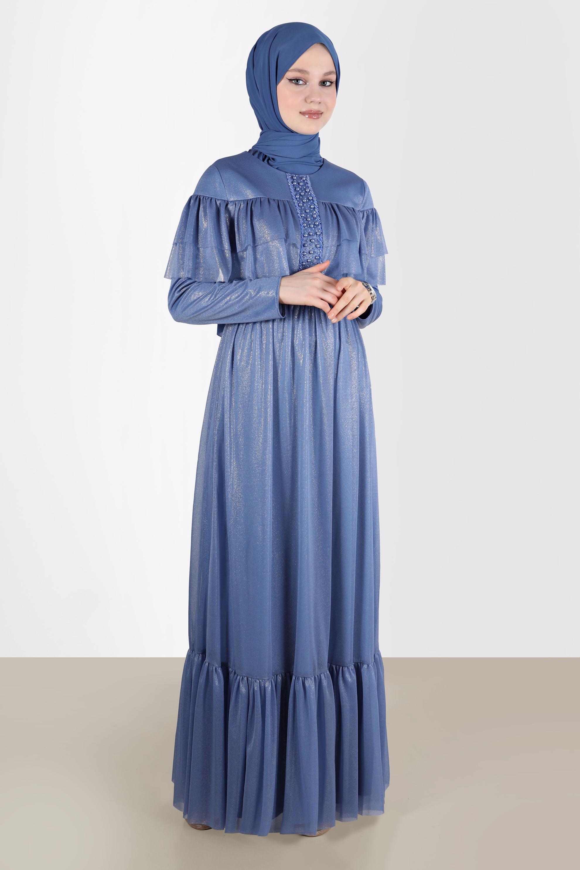 Tesettür giyim MAVİ BONCUK DETAYLI FIRFIRLI FOİL ELBİSE 42786 