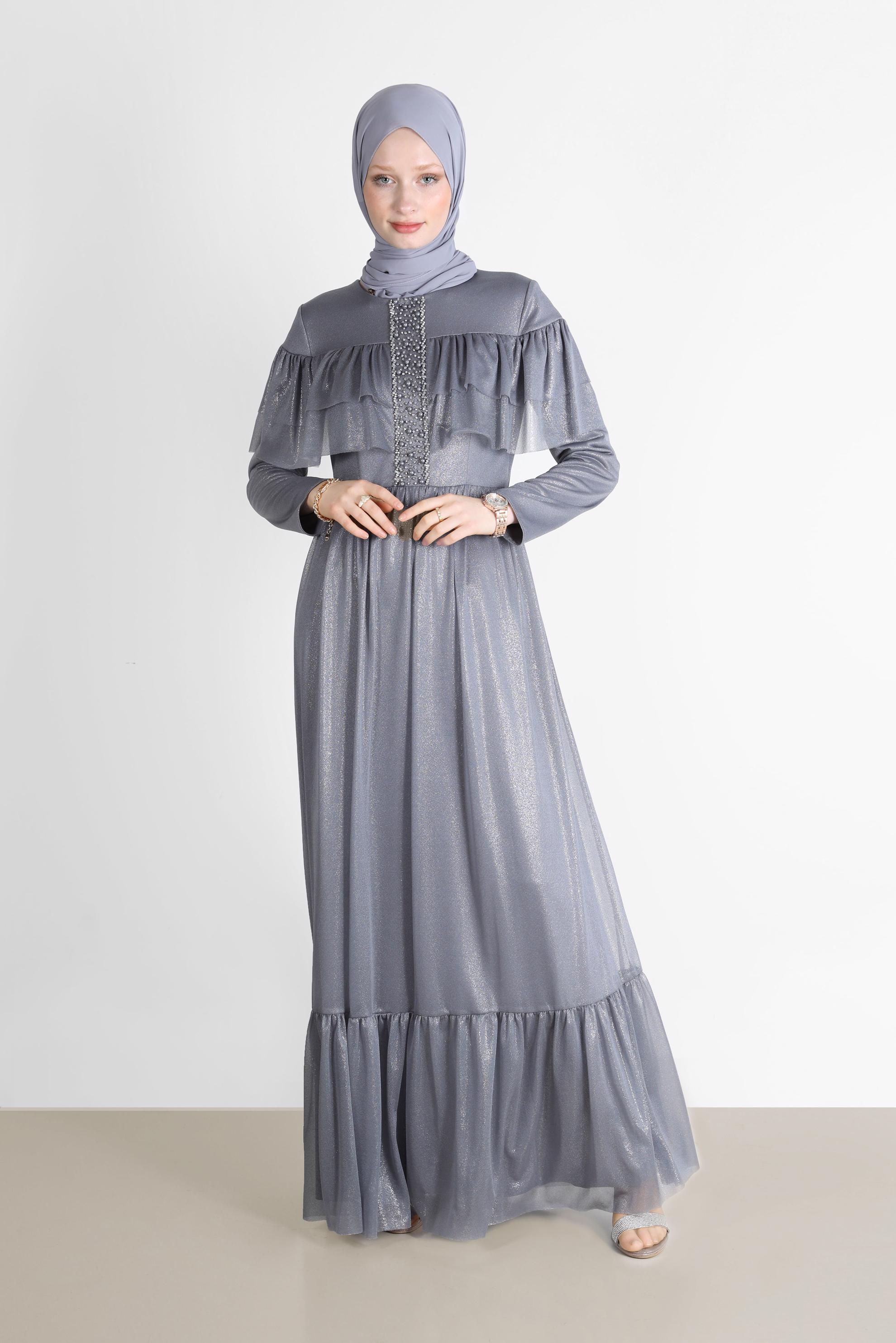 Tesettür giyim GRİ BONCUK DETAYLI FIRFIRLI FOİL ELBİSE 42786 