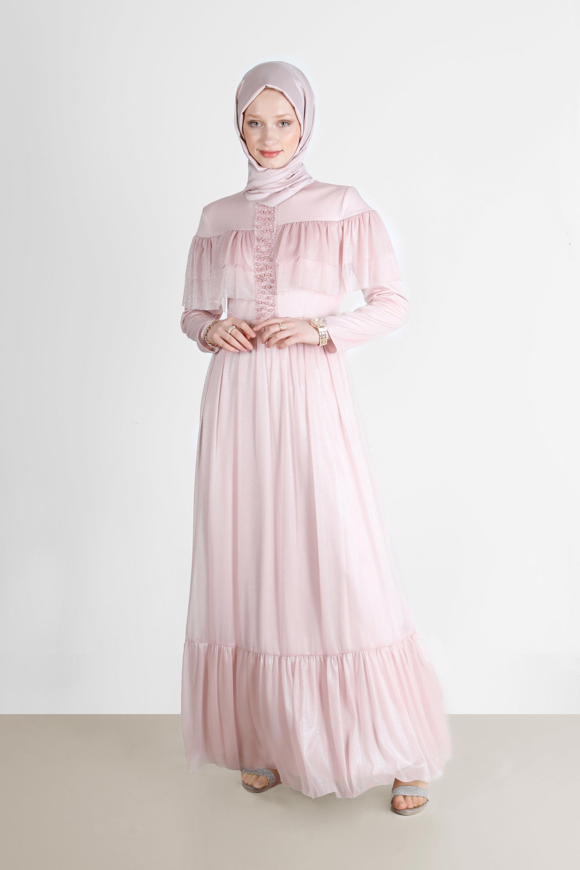 Tesettür giyim PUDRA BONCUK DETAYLI FIRFIRLI FOİL ELBİSE 42786 