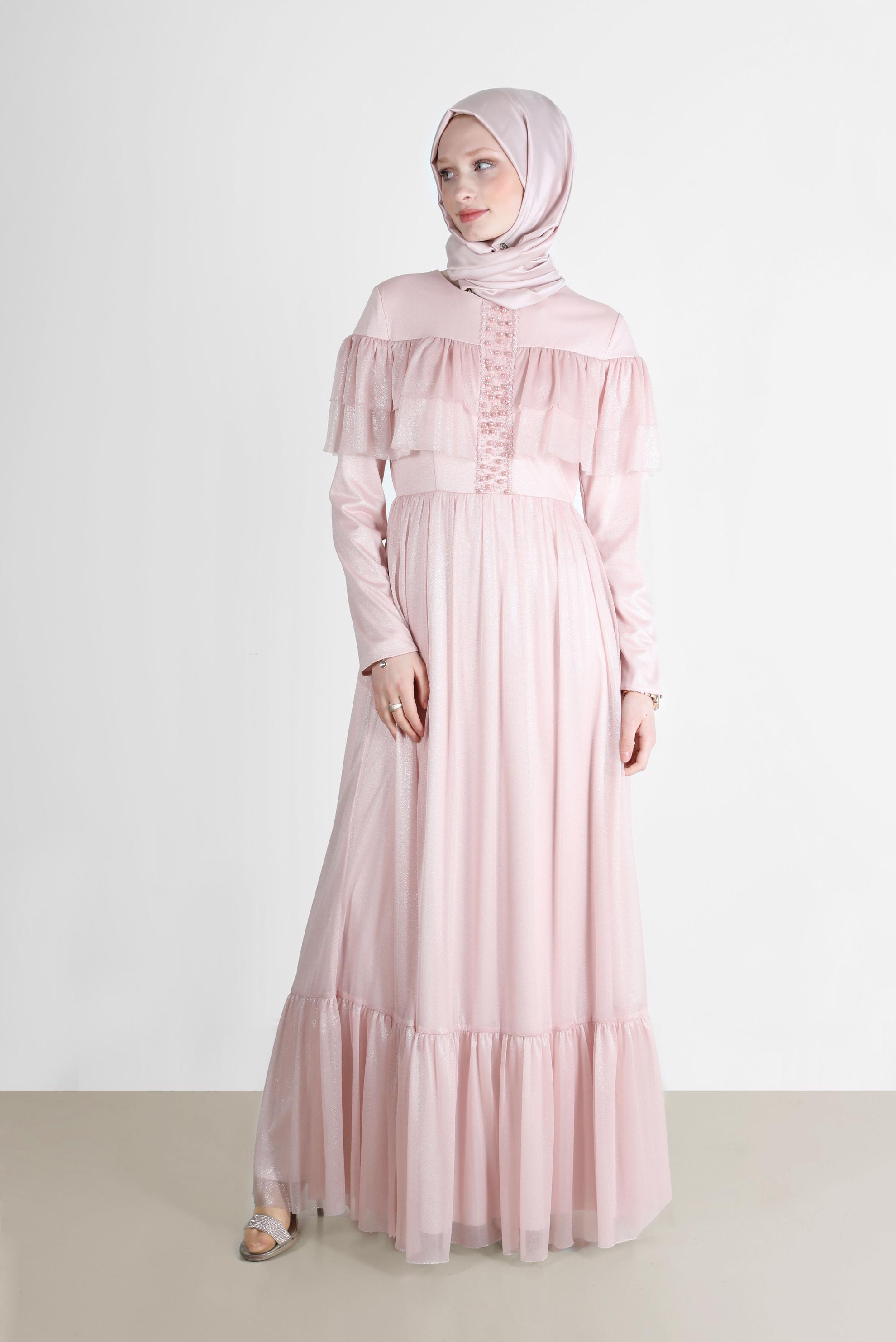 Tesettür giyim PUDRA BONCUK DETAYLI FIRFIRLI FOİL ELBİSE 42786 