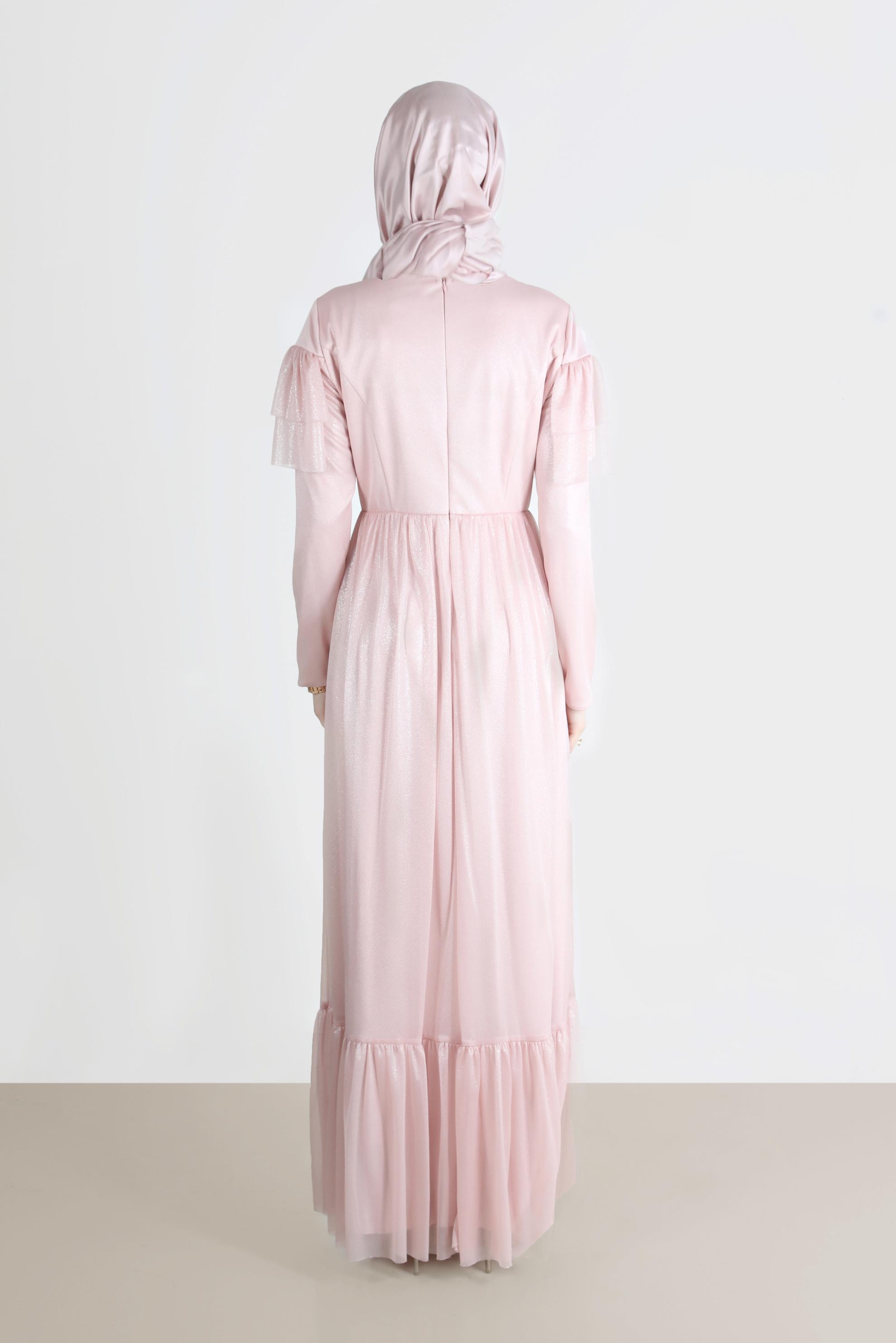 Tesettür giyim PUDRA BONCUK DETAYLI FIRFIRLI FOİL ELBİSE 42786 