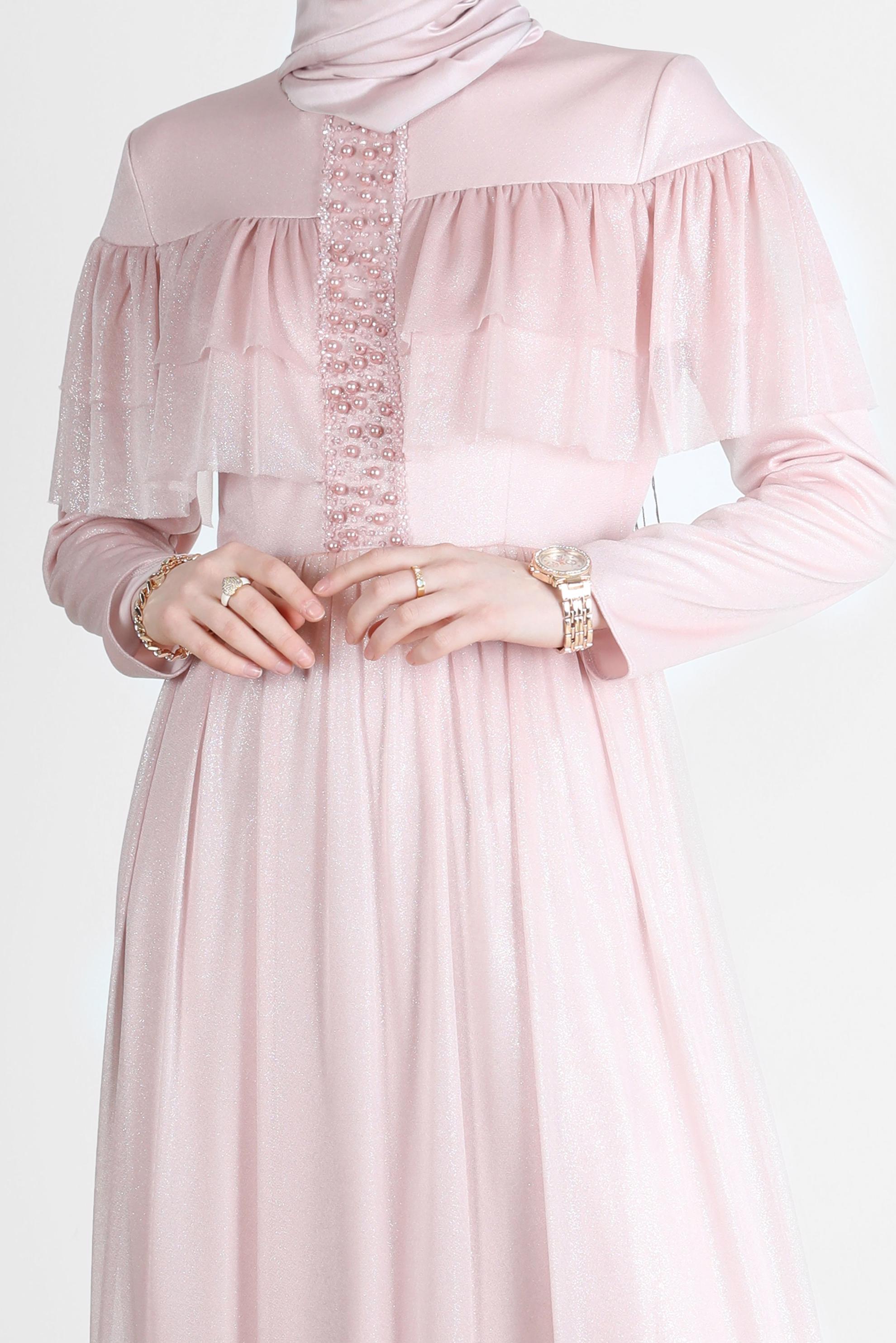 Tesettür giyim PUDRA BONCUK DETAYLI FIRFIRLI FOİL ELBİSE 42786 