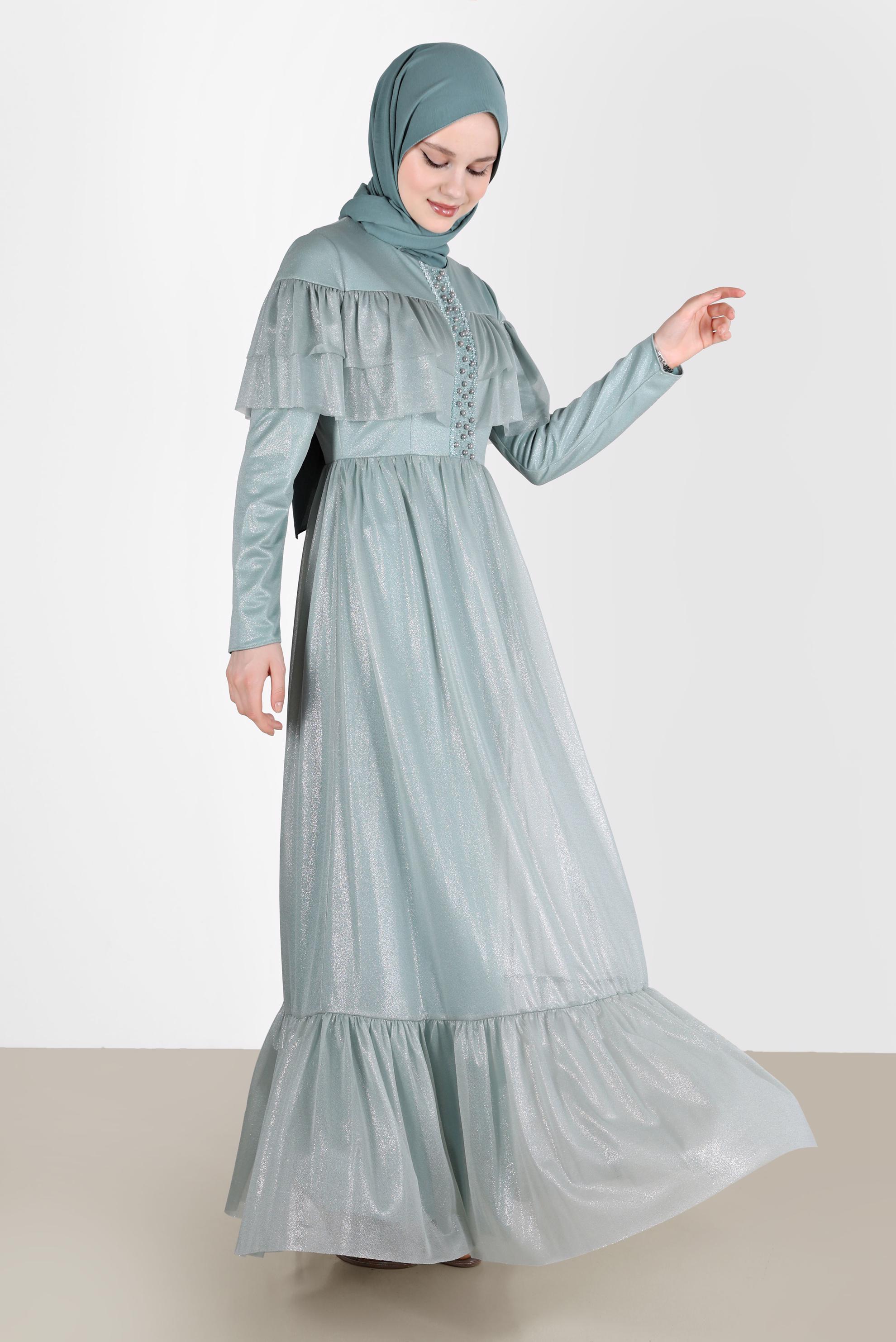 Tesettür giyim YEŞİL BONCUK DETAYLI FIRFIRLI FOİL ELBİSE 42786 