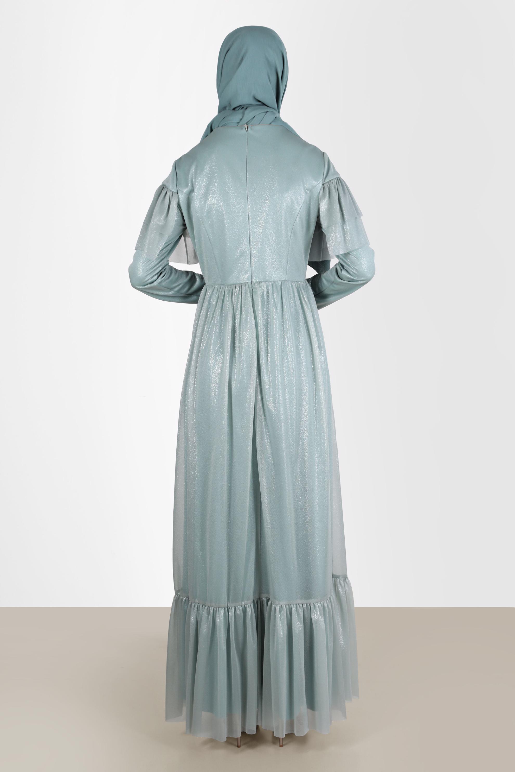 Tesettür giyim YEŞİL BONCUK DETAYLI FIRFIRLI FOİL ELBİSE 42786 