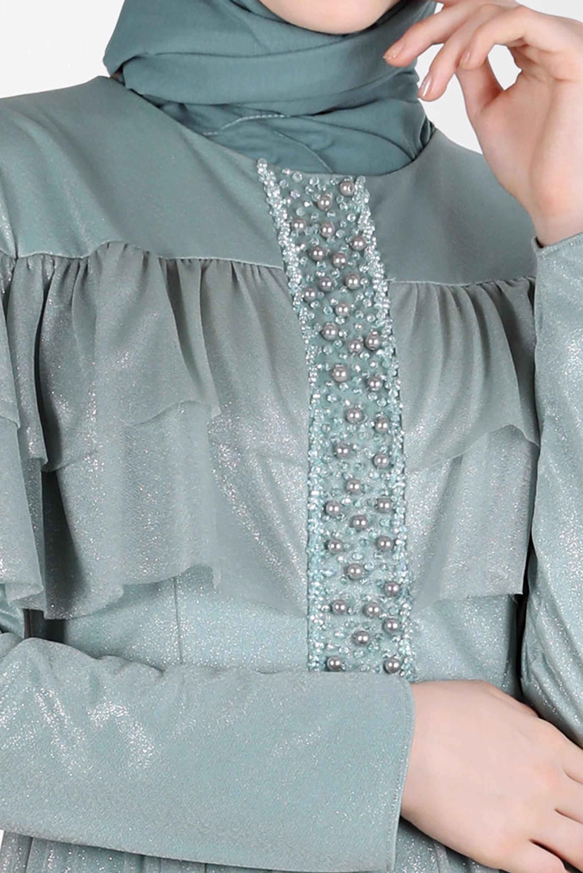 Tesettür giyim YEŞİL BONCUK DETAYLI FIRFIRLI FOİL ELBİSE 42786 