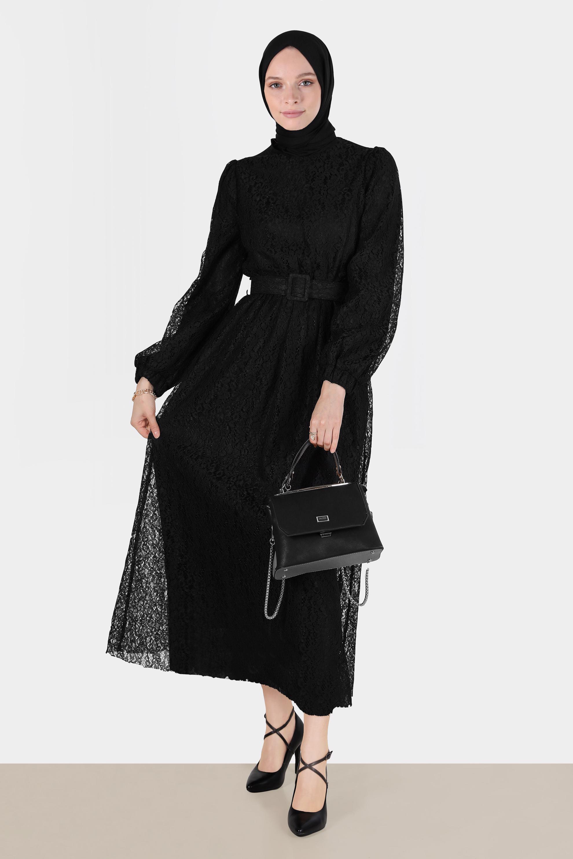 Hijab clothing BLACK BELTED LACED DRESS 42814 